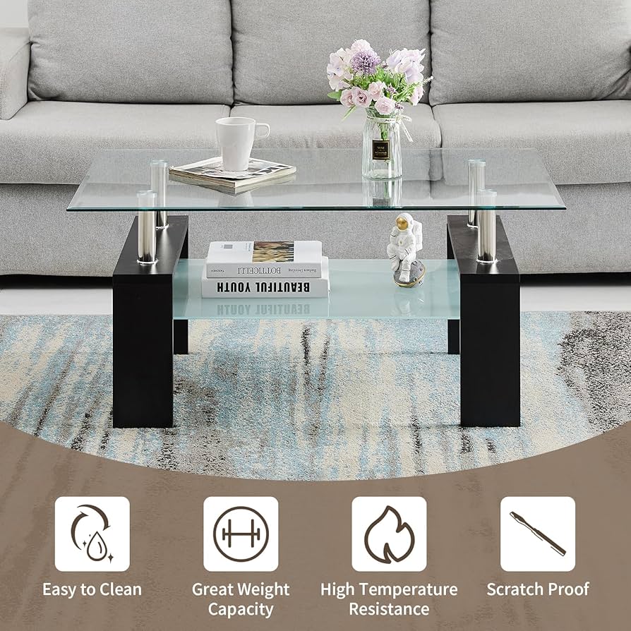 OFCASA 2 Drawers Coffee Table For Living Room High Gloss Coffee Table With Black Glass Top Wood Storage Cabinet Table For Living Room Home Office, Black