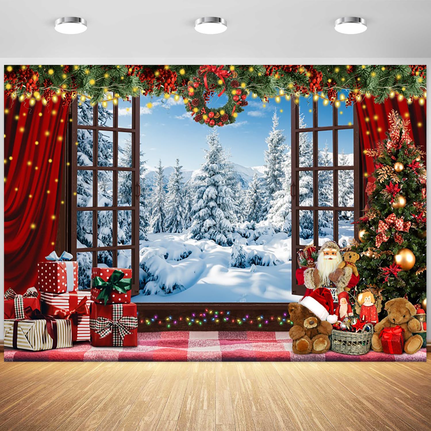 9x6ft Christmas Backdrop Winter Snowy Forest Window Wonderland Photography Background Merry Xmas New Year Eve Family Party Banner Decorations Supplies