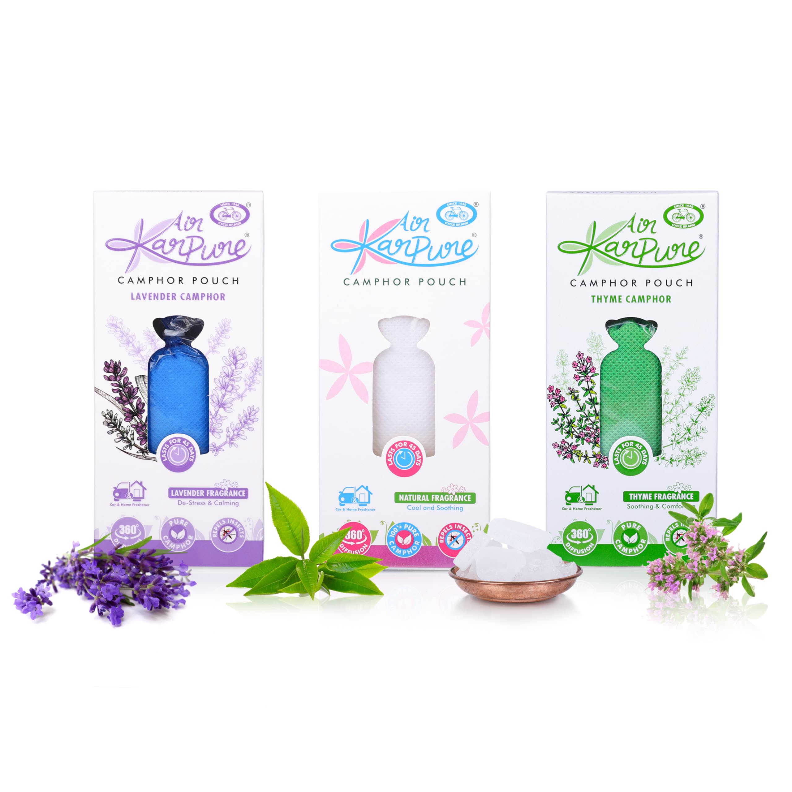 Cycle Pure Karpure Camphor Pouch - Pack Of 3, Lavender, Thyme & Bhimseni Fragrance, Air Freshener For Cars, Wardrobes, Bookshelves, Homes, Offices & Mosquito Repellent, Each Lasts Up To 45 Days, Rocks