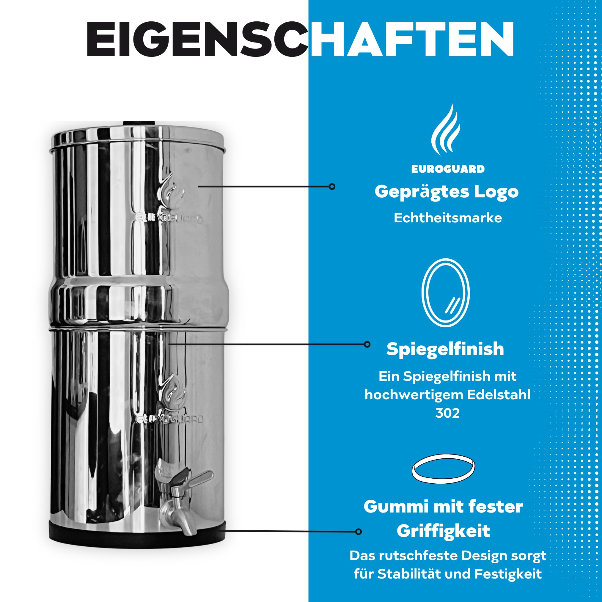 Schwerkraft-Wasserfiltersystem, 304-Edelstahl-Arbeitsplattensystem, 8,5 Liter, 100% Edelstahlhahn und 2 Premium-Kerzenfilter. (Silberglanz, 8.5L)