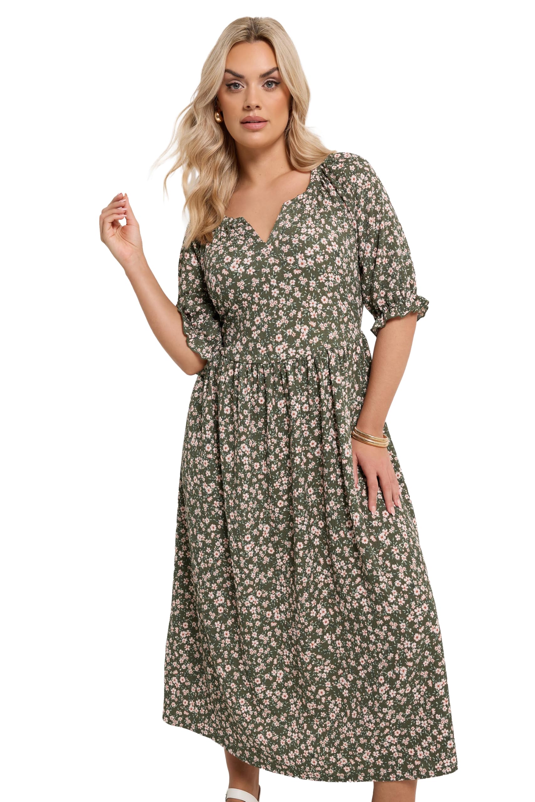 Yours Women's Dark Olive Ditsy Floral Notch Neck Maxi Dress In | Size: 22-24