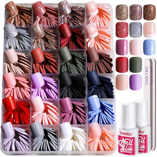Teenitor Short Press On Nails, 576Pcs Short Square Press On Nails Kit with Matte, Glossy, Glitter, and French Designs, Fake Nails with Glue on Nails Short, Press on Nails Short - b-Matte,glitter,glossy square press on nails