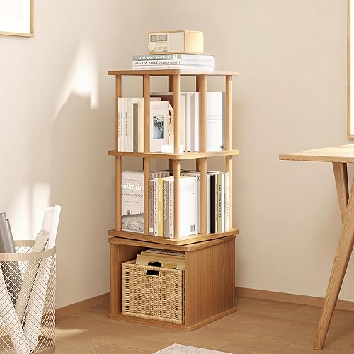Miniatura 8 de IOTXY Estantería giratoria de madera, estantería giratoria cuadrada de 3 niveles con varillas de haya maciza, estante de almacenamiento vertical