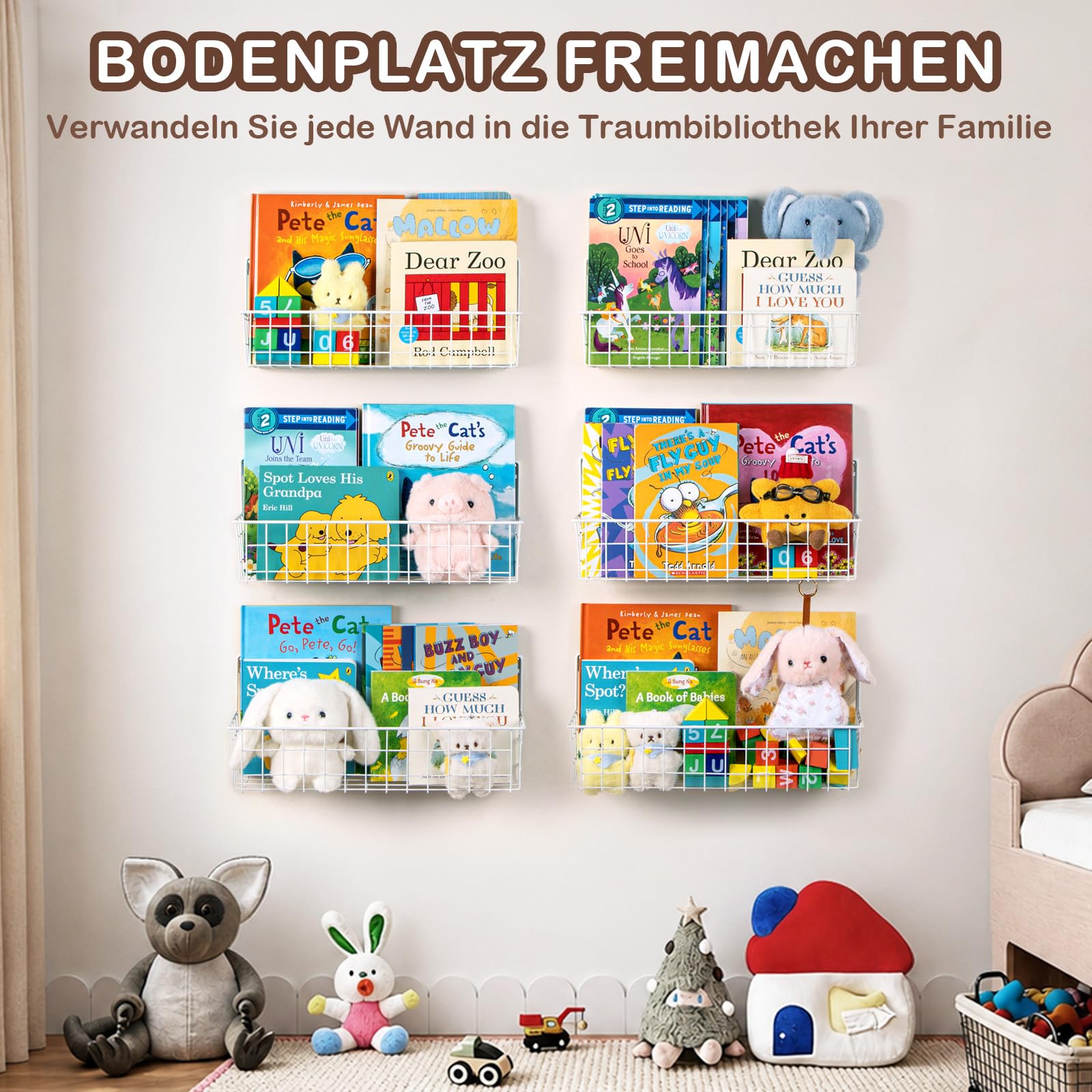 PUERSI 6er-Set Bücherregal Kinder Wand, Metall Wandregal Bücher, Hängend Regal für Kinderzimmer Aufbewahrung von Bilderbüchern für Baby, Mädchen und Jungen, Weiß
