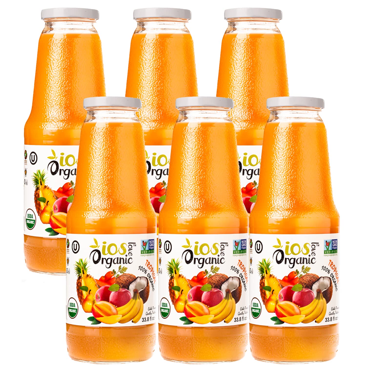 IOS Love OrganicJuice - USDA Organic Certified - Cold Pressed, No Added Sugar, No Water, No Artificial Colors, No Preservatives, No Flavors Added, No Gluten - 33.8 Fl Oz (Tropical, Pack of 6)
