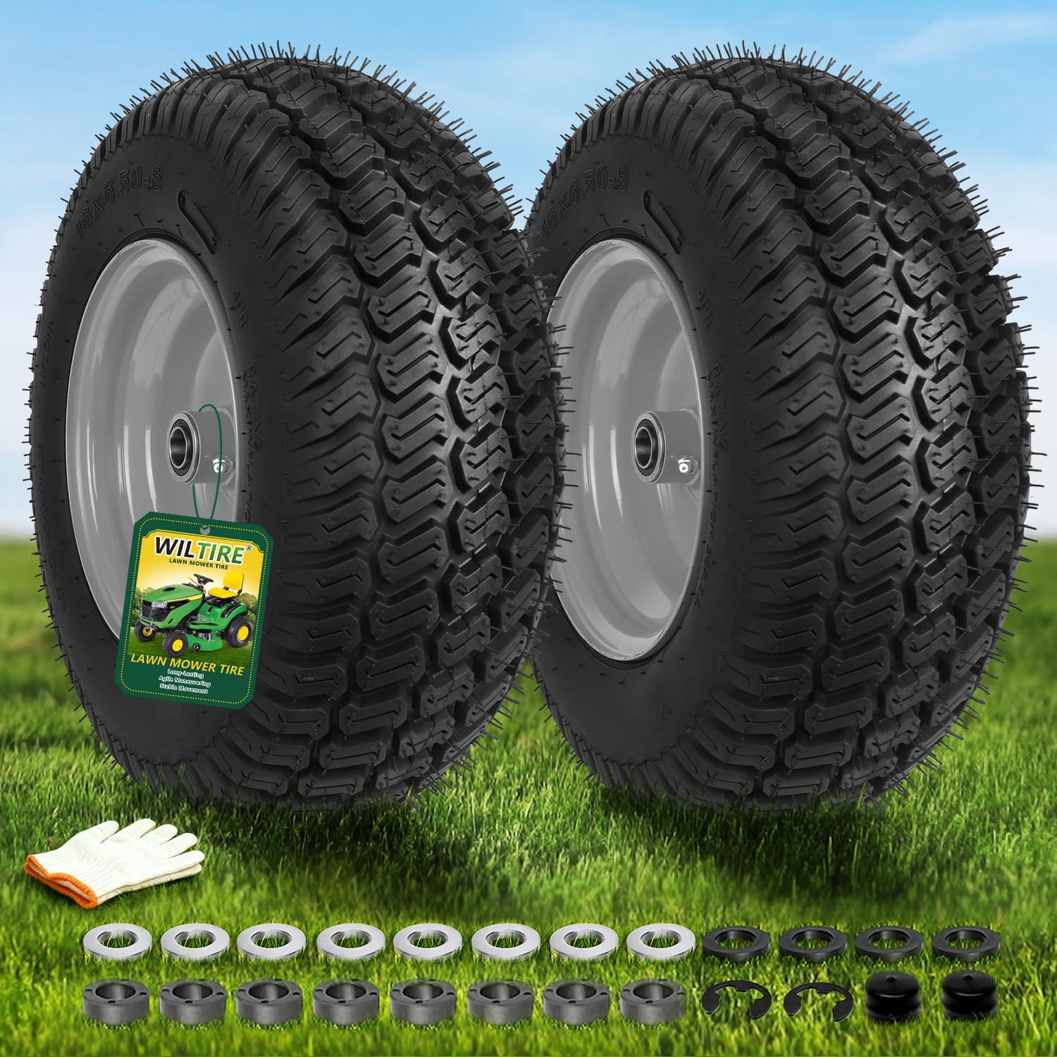 2 Pack 16x6.50-8 nhs Lawn Mower Tires,16x6.5-8 Tire and Wheel,Riding Lawn Mowers Front Tire,3" -5.5" Offset Hub, 3/4" & 5/8" Bearing,Replacement for Garden Lawn Tractor Riding Lawn Mowers
