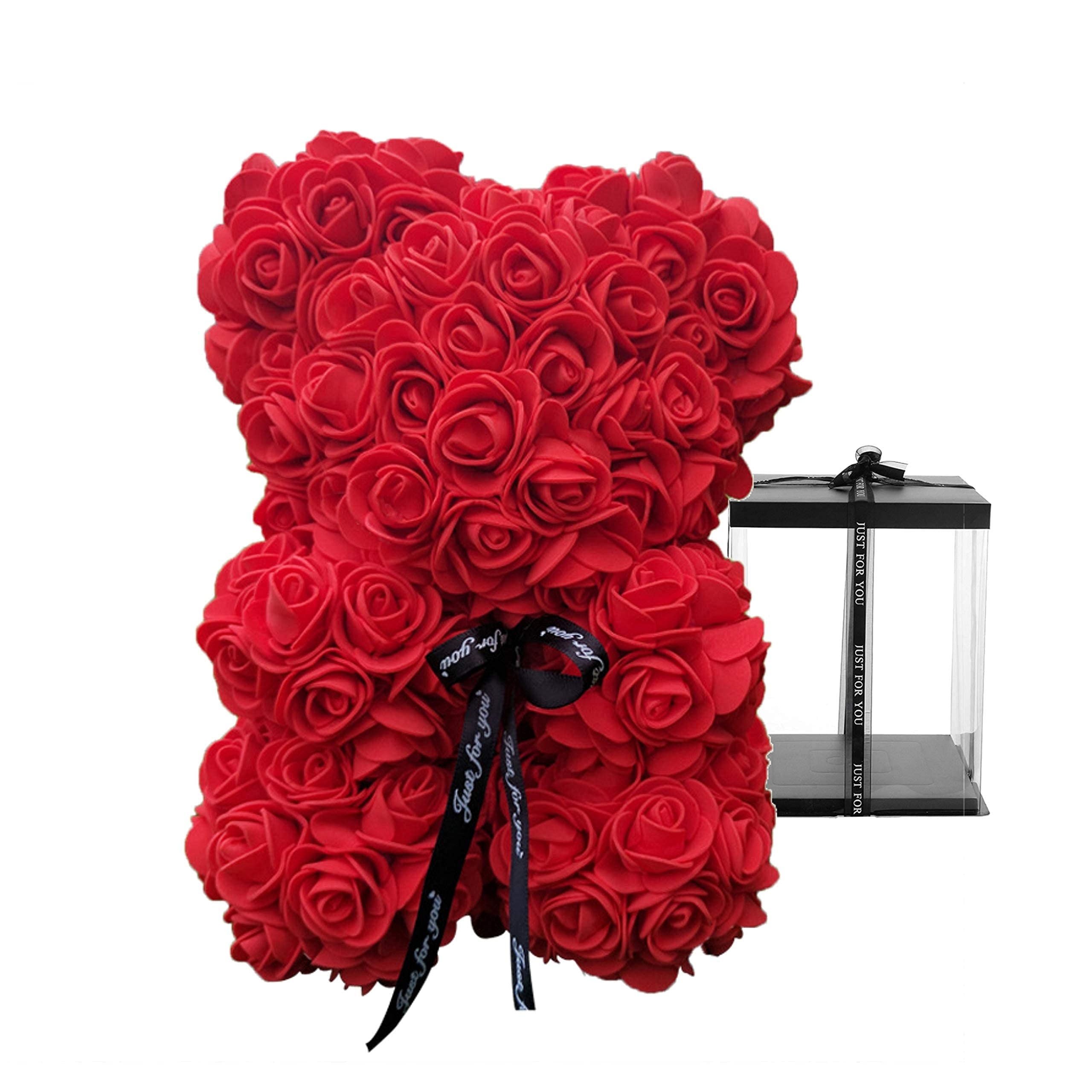 Forever Rose Teddy Bear - 10 Inch Flower Bear with Box, Artificial Flowers, 10" Rose Bear Gifts for Women, Valentine's Day, Mother's Day, Birthday, Anniversary - Red