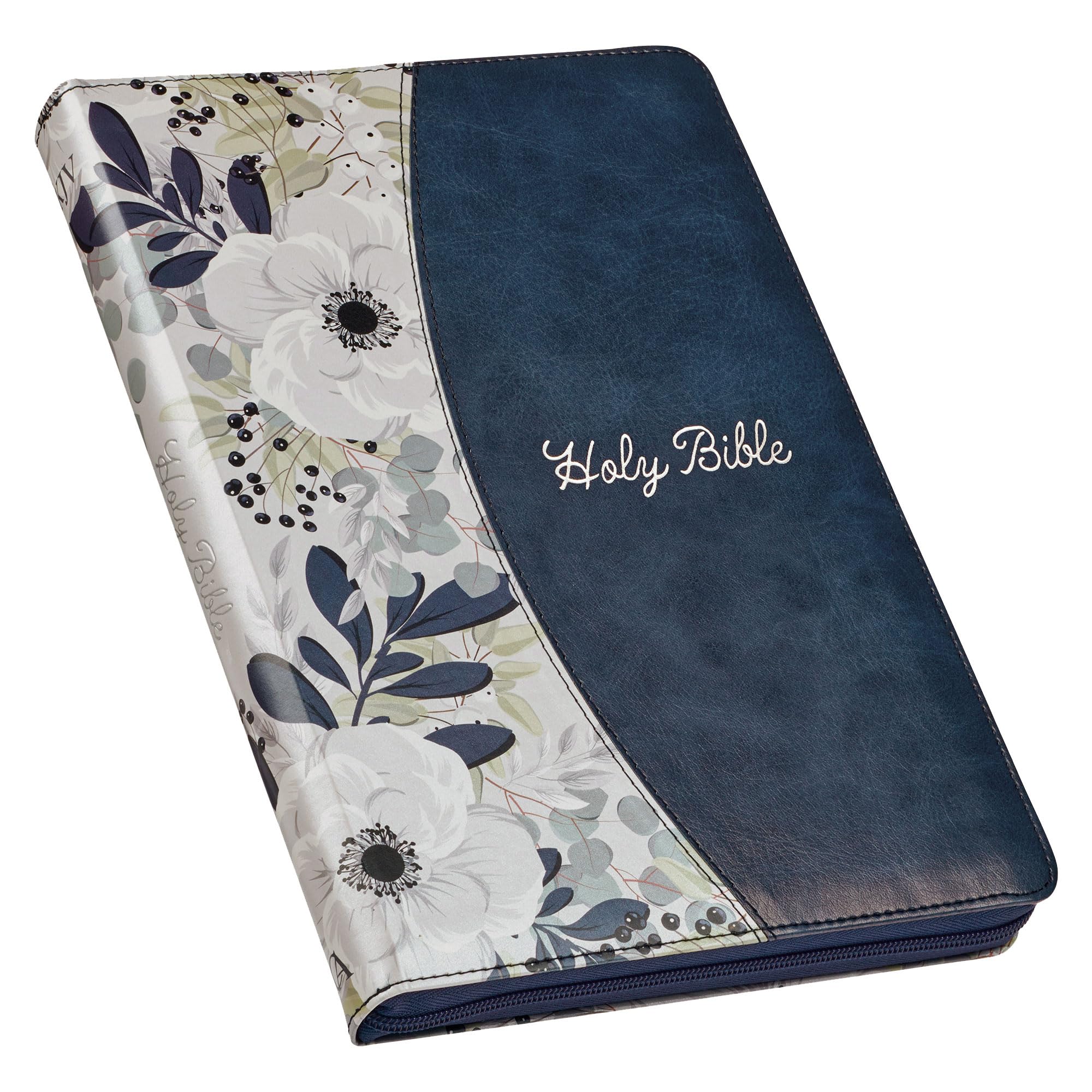 KJV Holy Bible, Thinline Large Print Faux Leather Red Letter Edition Thumb Index Ribbon Marker, King James Version, Blue Printed Floral, Zipper Closure (KJV Thinline LP Editions)