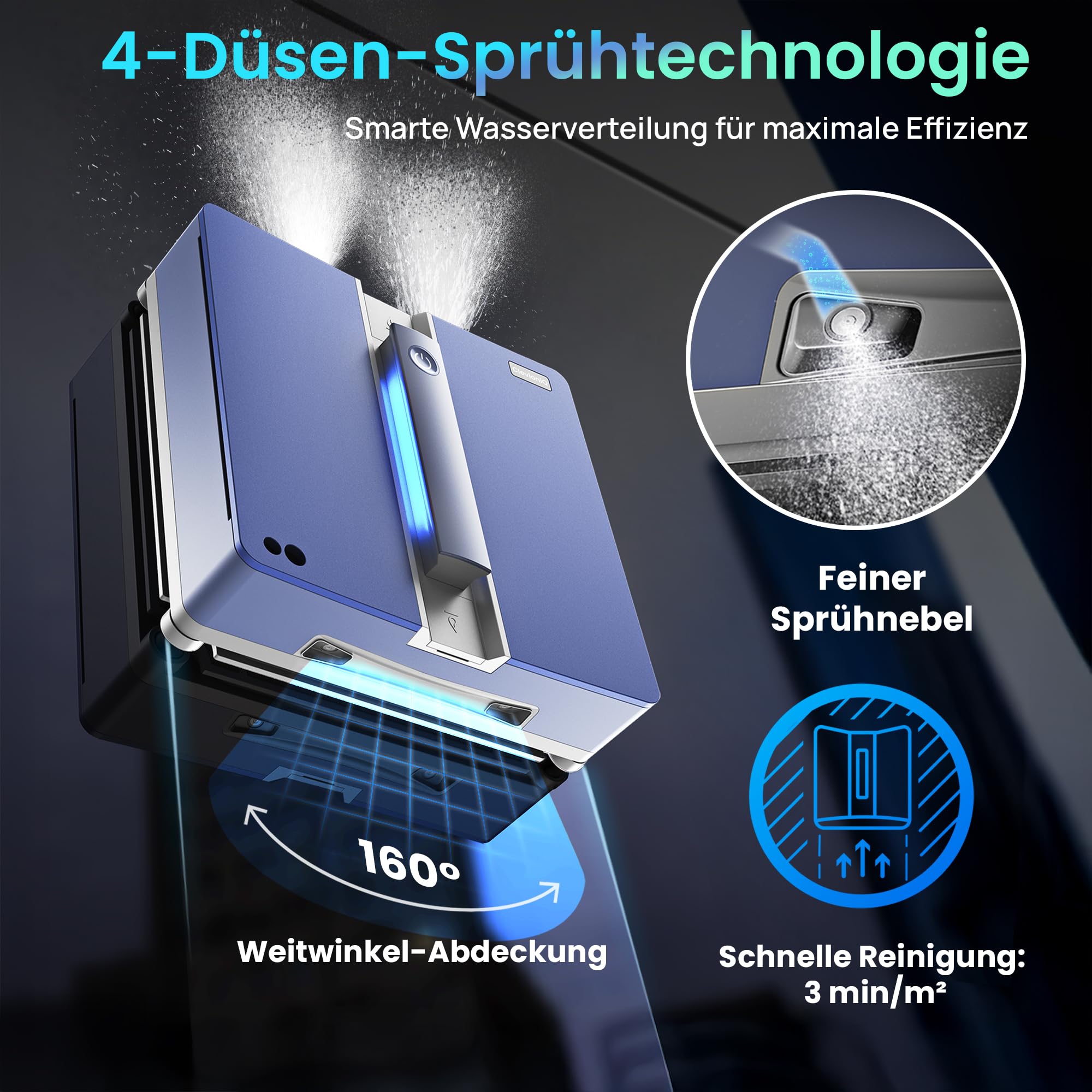 X9 Pro (DE) Elektrischer Fensterputzer – Intelligenter Fensterputzroboter mit 4-Wege-Sprühfunktion, Präziser Navigation, Randerkennung, LED-Status, Leisem Betrieb & Deutscher Sprachausgabe