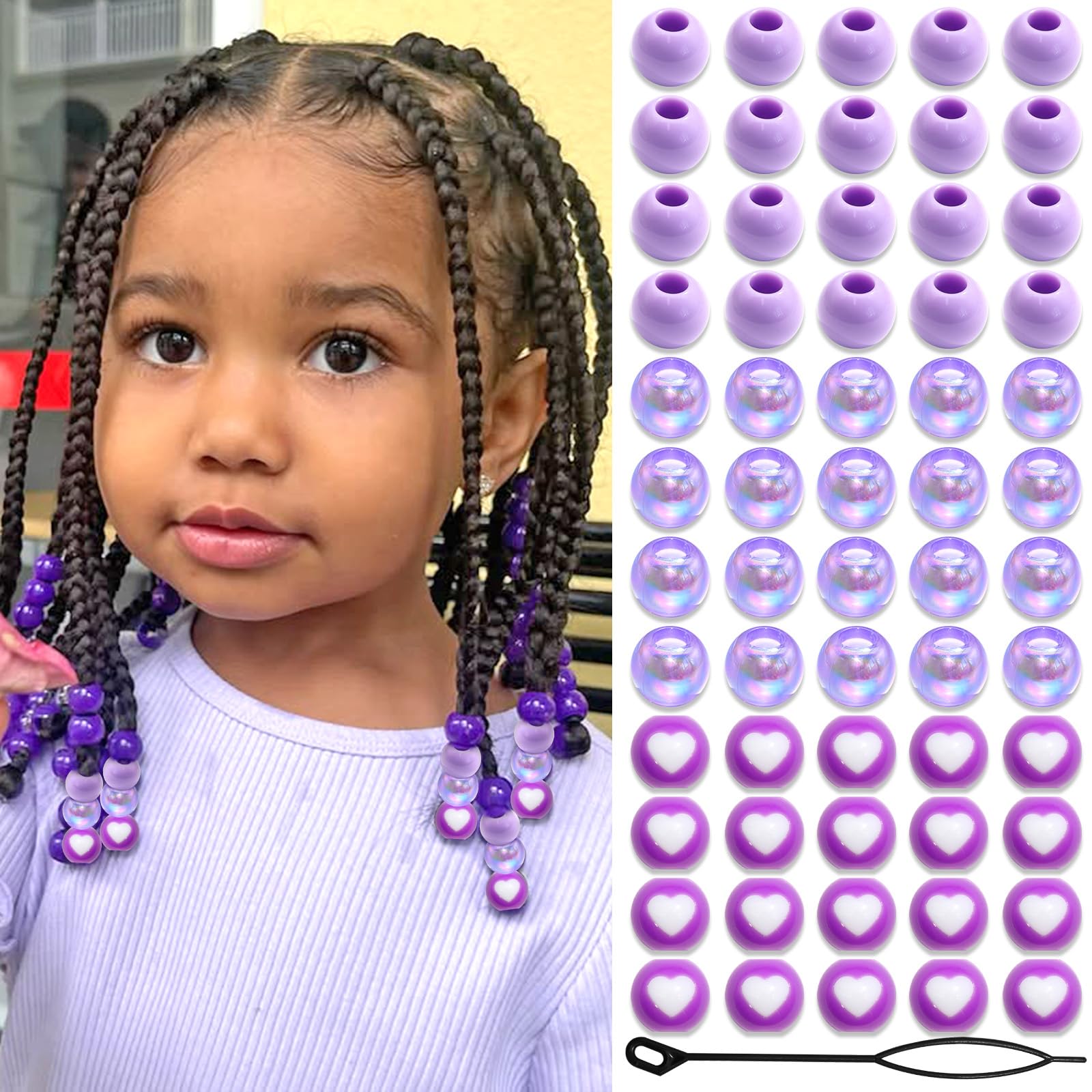 NAISKA 60Pcs Purple Heart Hair Beads for Kids Girls Round Beads for Hair Colorful Hair Beads for Braids Small Pony Dreadlock Beads Kids Braid Beads