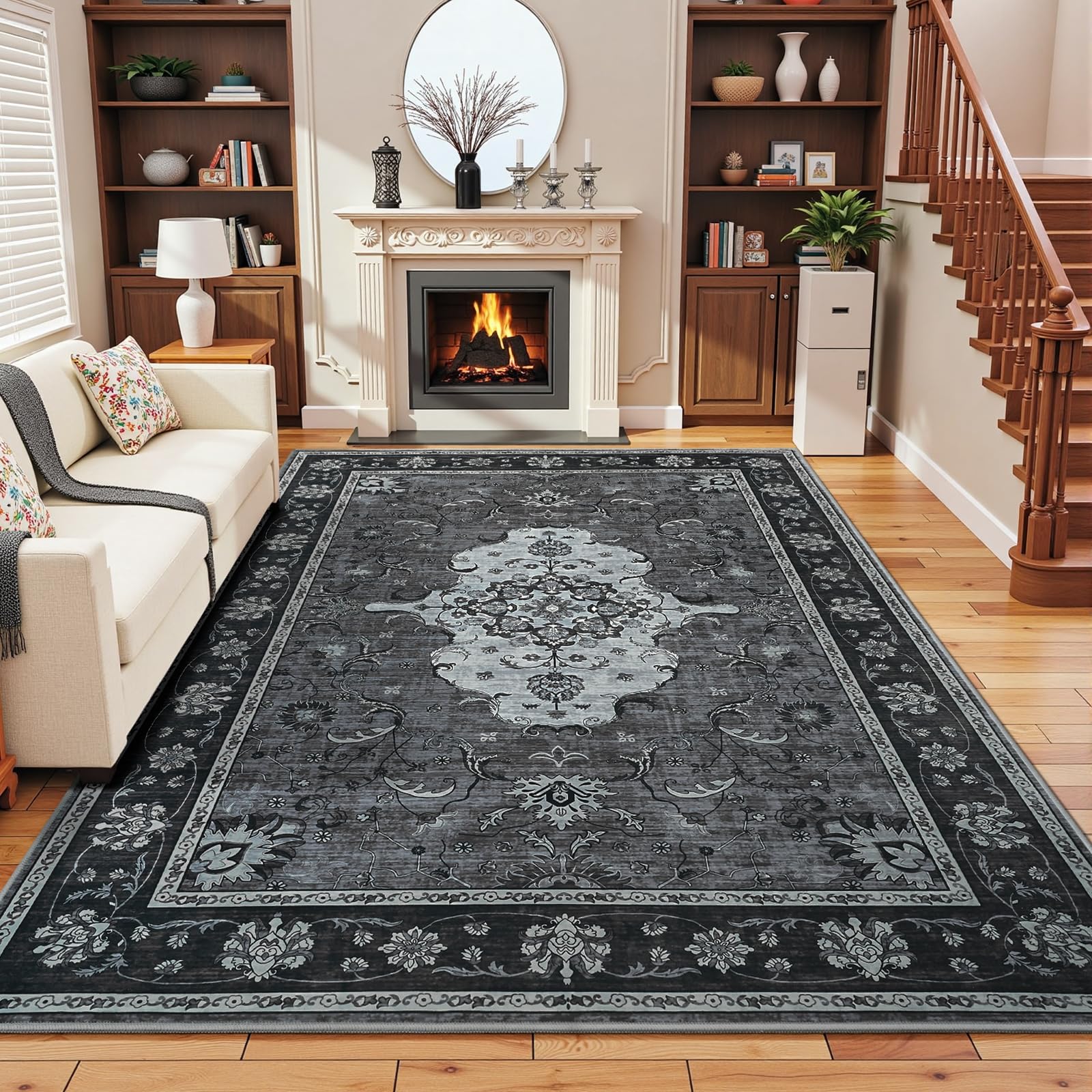 Vasofe 4x6 Area Rugs for Living Room, Machine Washable Low-Pile Carpet Rug for Bedroom, Vintage Floral Print Indoor Floor Rug for Dining Room Office
