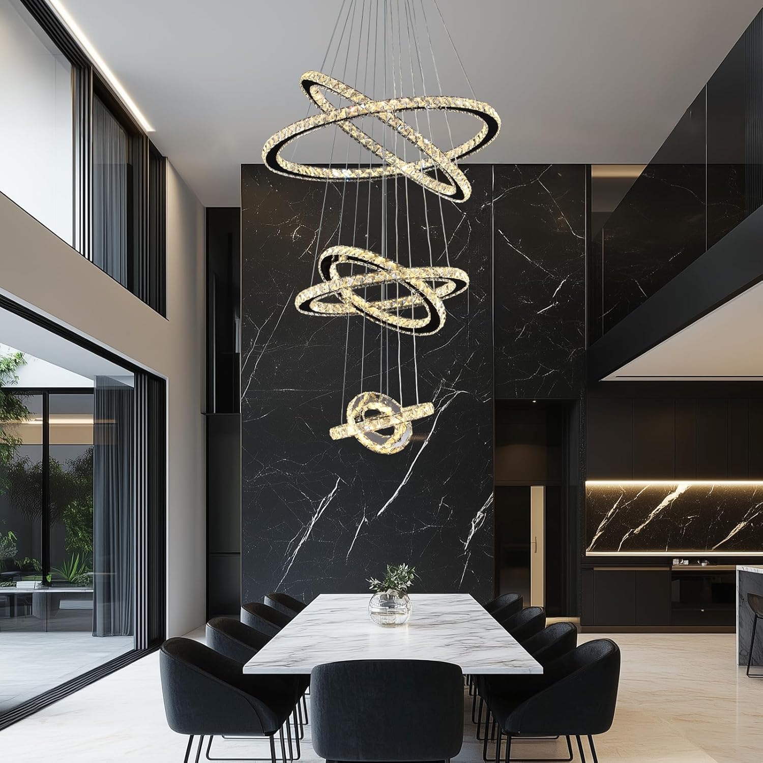 Modern Crystal Chandelier for High Ceiling Lights Fixtures Luxury 6 Ring Led Chandelier for Dining Room Big High Ceilings Foyer Chandeliers for Living Room Entryway Staircase, D8"-12"-16"-20"-24"-28"