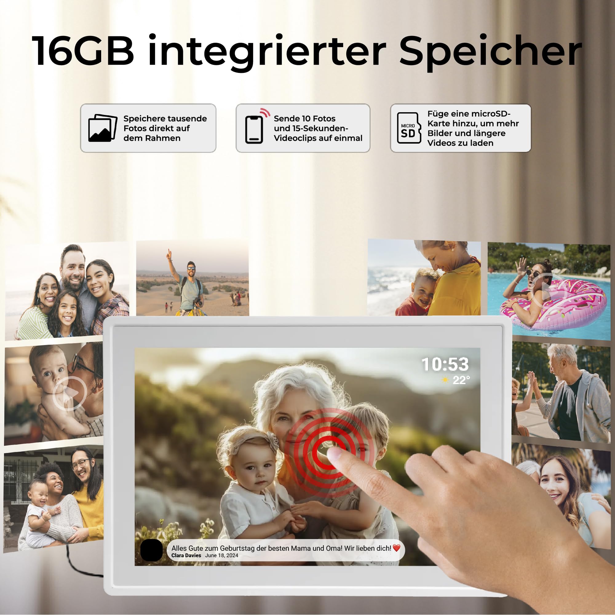 Denver Digitaler Bilderrahmen Weiß 10,1 Zoll mit WLAN – Frameo Digital Photo Frame mit Touchscreen & 16 GB – Elektrischer Bilderrahmen mit App-Steuerung - USB & microSD | Bilder per Handy, SD-Karte