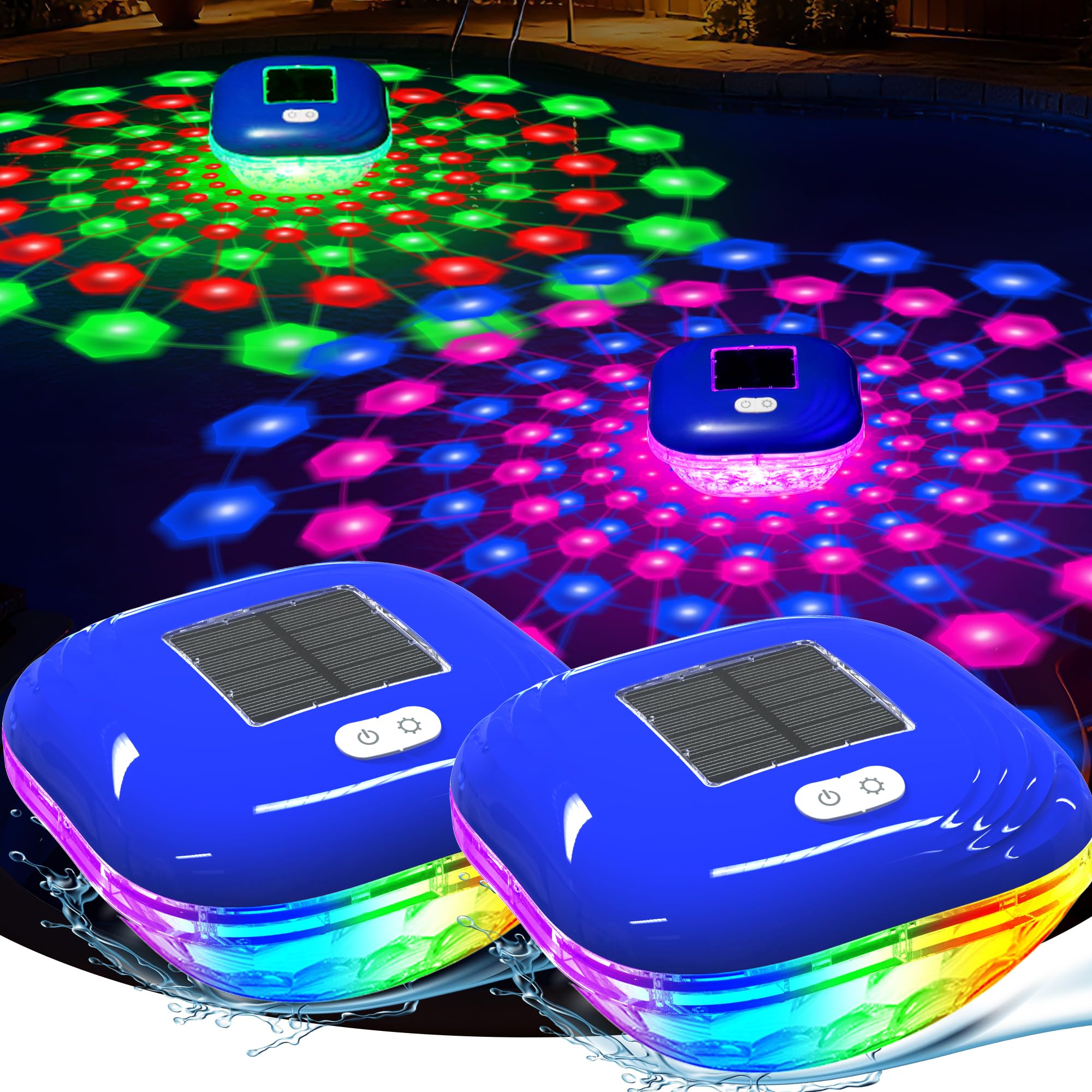 Luxfero Lampe Piscine Flottante Solaire, Lumiere Piscine avec 9 LED Spectacles Changeantes, Étanche IP68 Lumiere Piscine, Contrôle par touches, Éclairage Piscine Extérieure pour Étang Jardin -2 Pièces