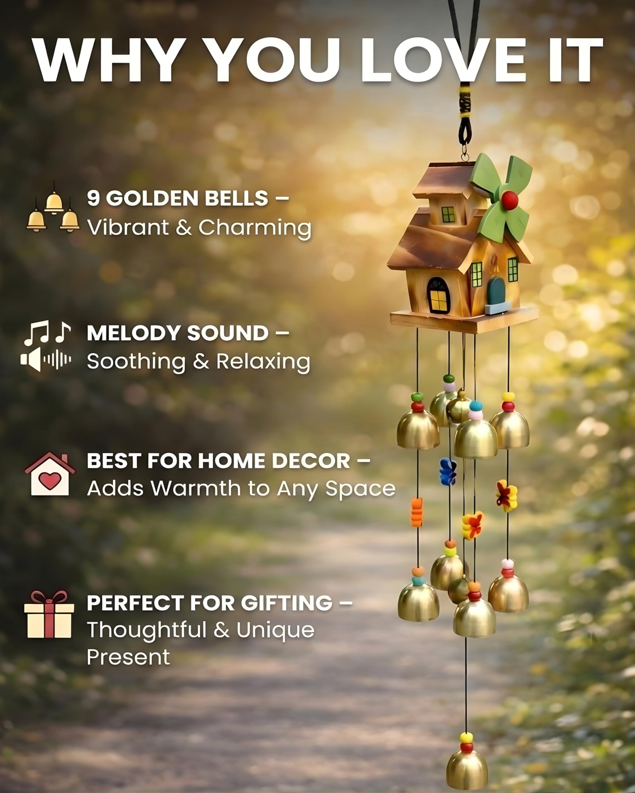Wooden House Wind Chime - 9 Golden Bells & Melody -6