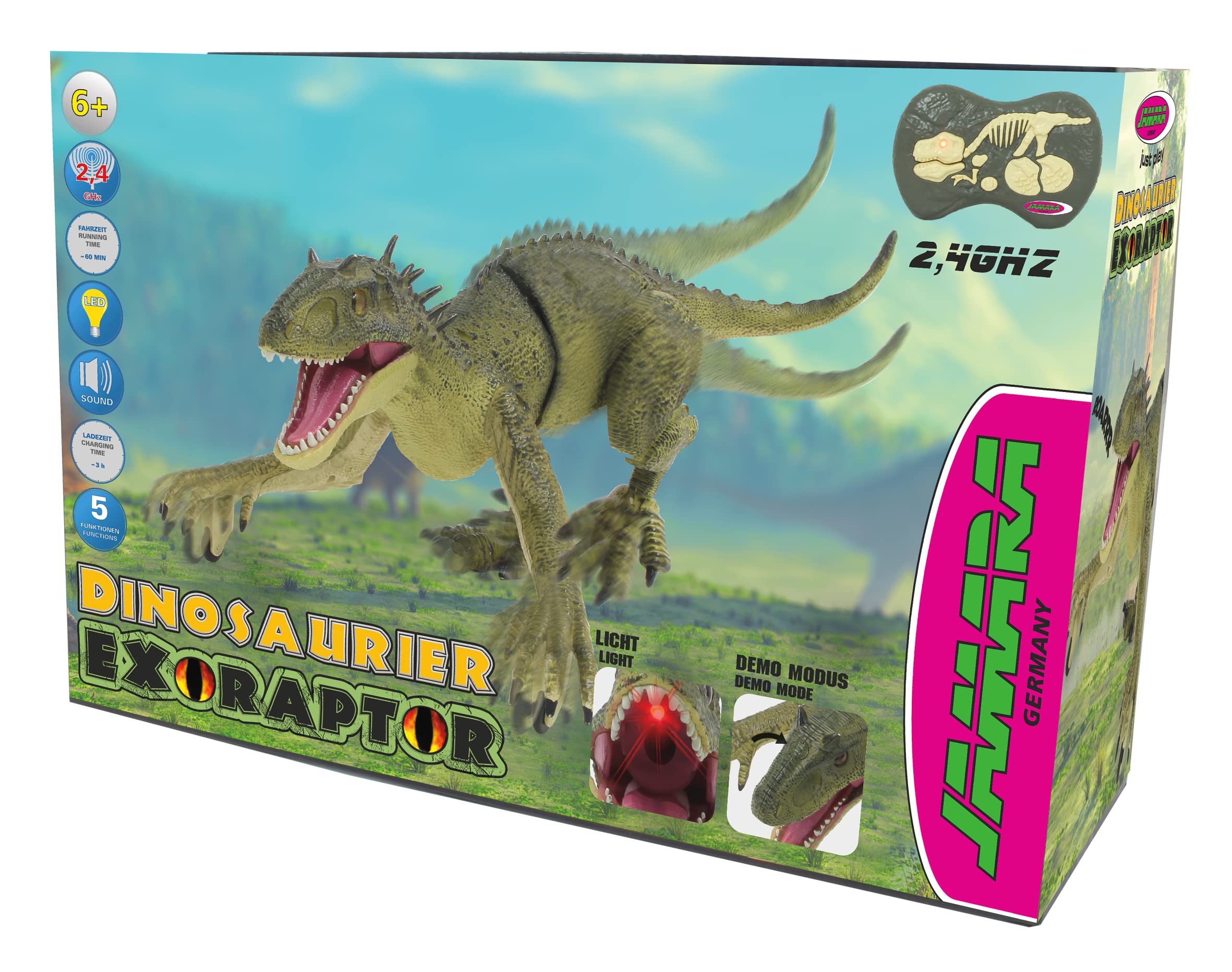 JAMARA Dinosaurier Exoraptor Li-Ion 3,7V 2,4GHz - Vorderfüße auf 2 Rollen, bewegliche Teile, realistisches Dinosauriergebrüll, ferngesteuert RC
