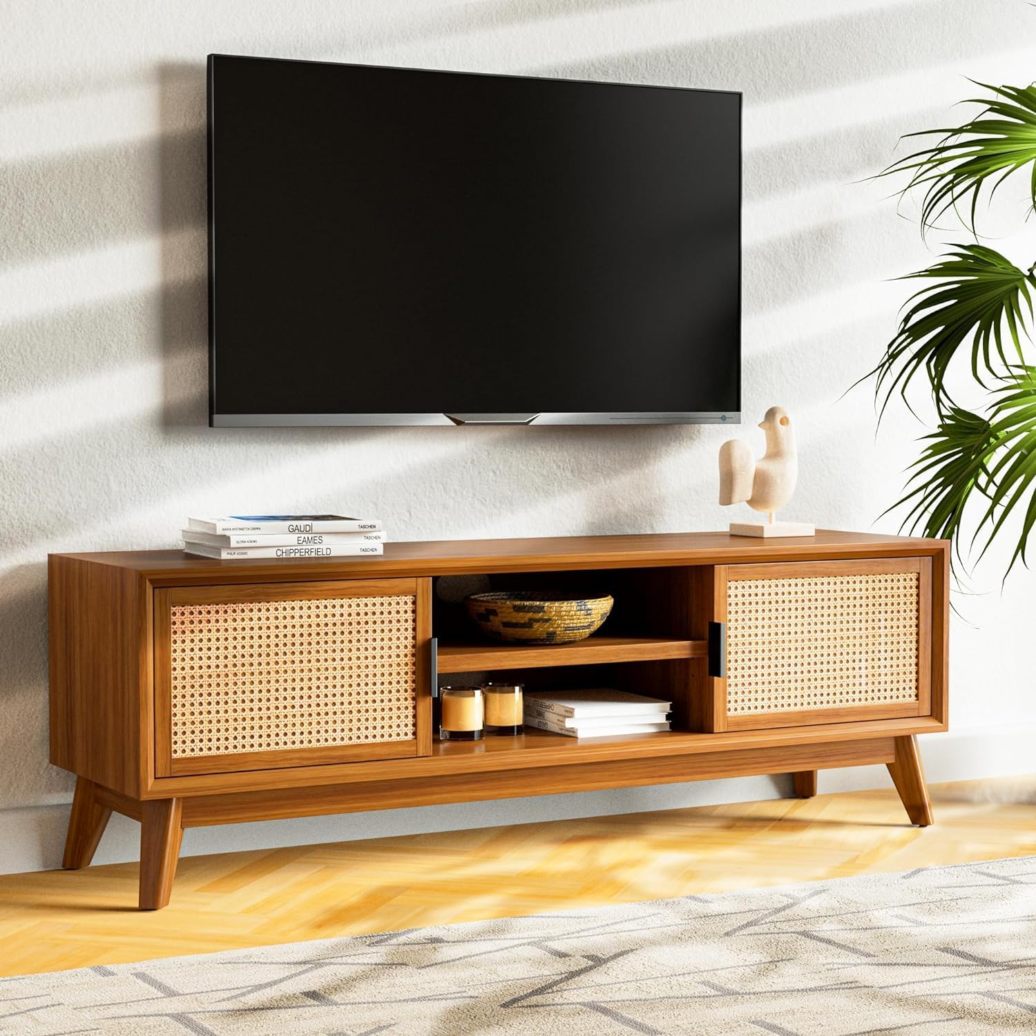 Furniture Mid-Century Rattan Cane TV Stand, Solid Wood Media Console Cabinet for 65 Inch TV-image-6