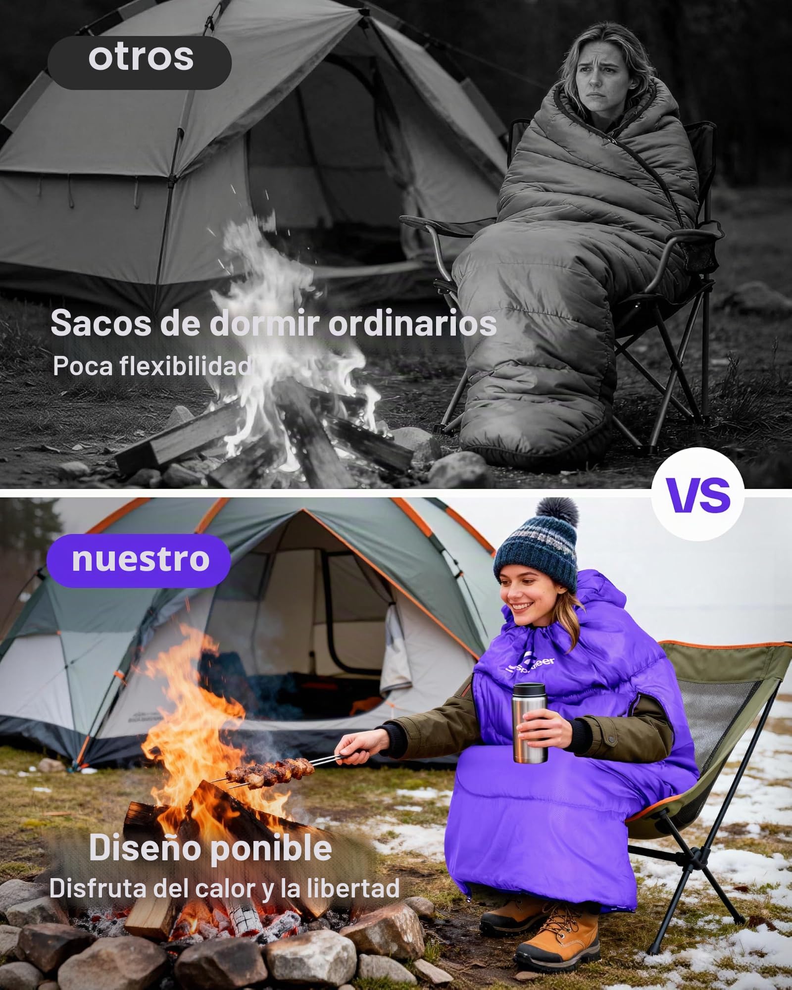 Sportneer Saco de Dormir portátil Adecuado para Las 4 Estaciones con Orificios con Cremallera para Brazos y pies Saco de Dormir Individual para Adultos para Senderismo y Viajes, 20 Grados, Púrpura