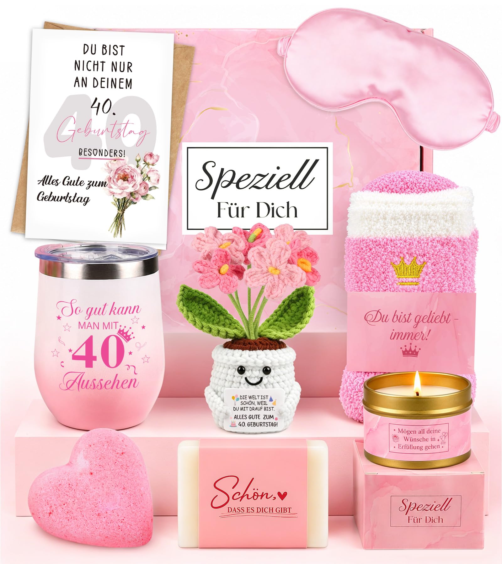 TUZELIYA 40 Geburtstag Frauen, 8tlg. Geschenke zum 40. Geburtstag Frauen mit Grußkarte, Positive Geburtstag Geschenkset für Beste Freundin, Mama Schwester Ehefrau Tante, Schönes Geburtstagsgeschenk