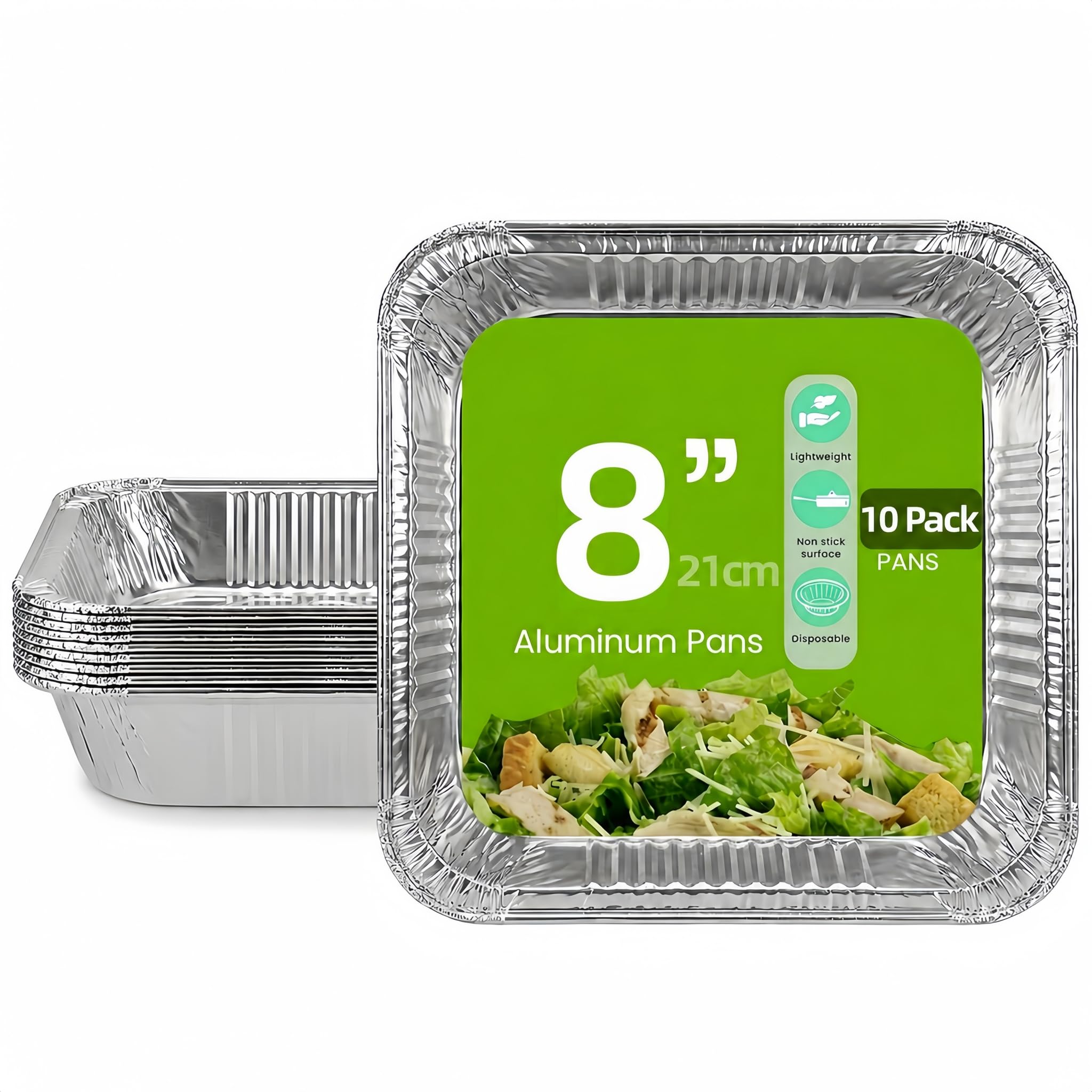 GilesEdward 10 Pack 8 Inch Square Aluminium Foil Containers - 21cm Disposable Tin Foil Trays for Baking, Roasting & Cooking - Air Fryer, Oven & Freezer Safe - Reusable Pie Dishes, Quiche & Flan Cases