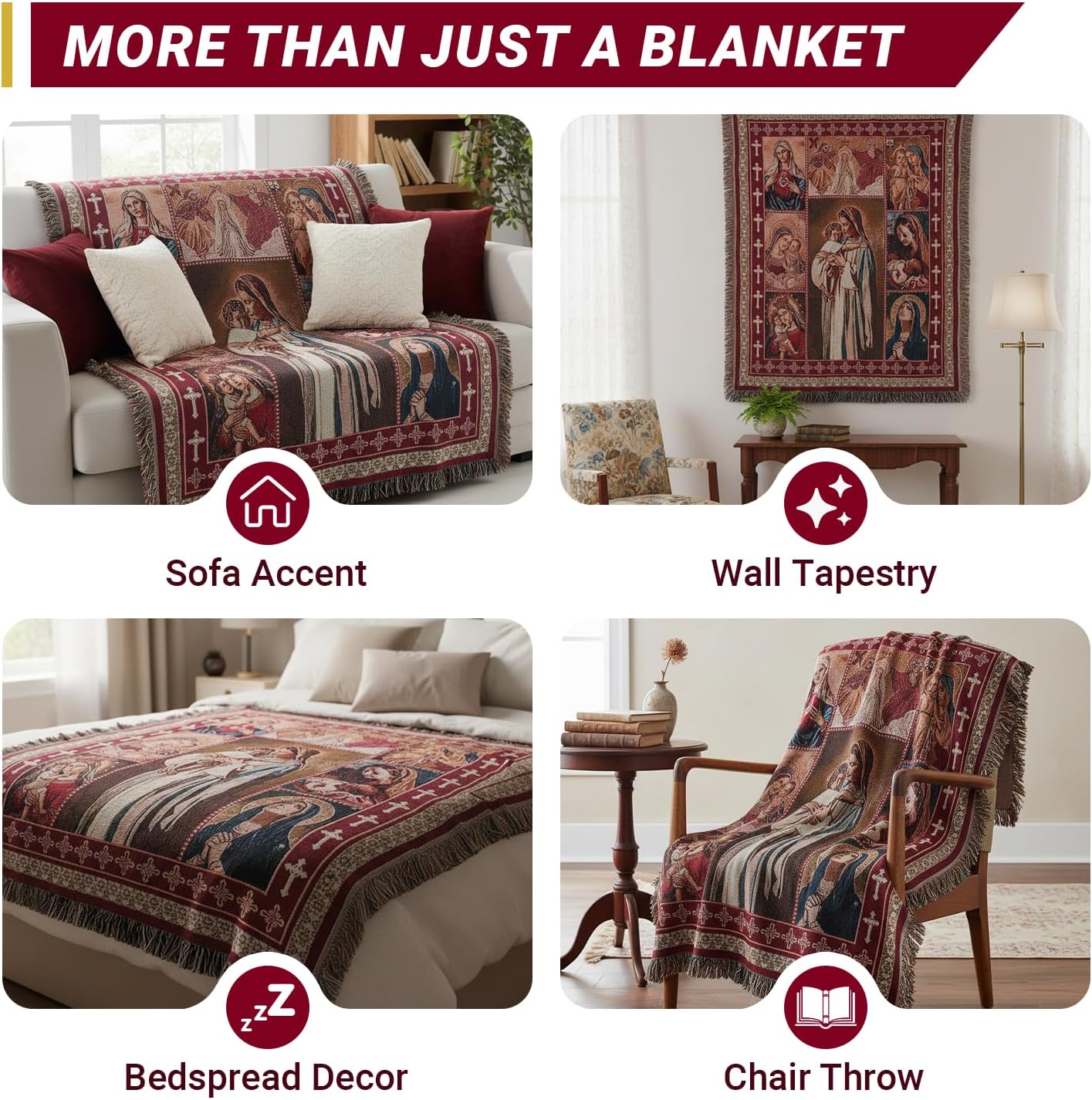 XINWBB Virgin Mary Woven Tapestry Throw Blanket with Tassels | Soft Decorative Christian Gift for Couch & Bed | Living Room Wall Hanging Decor, 50"x60" - Image 3