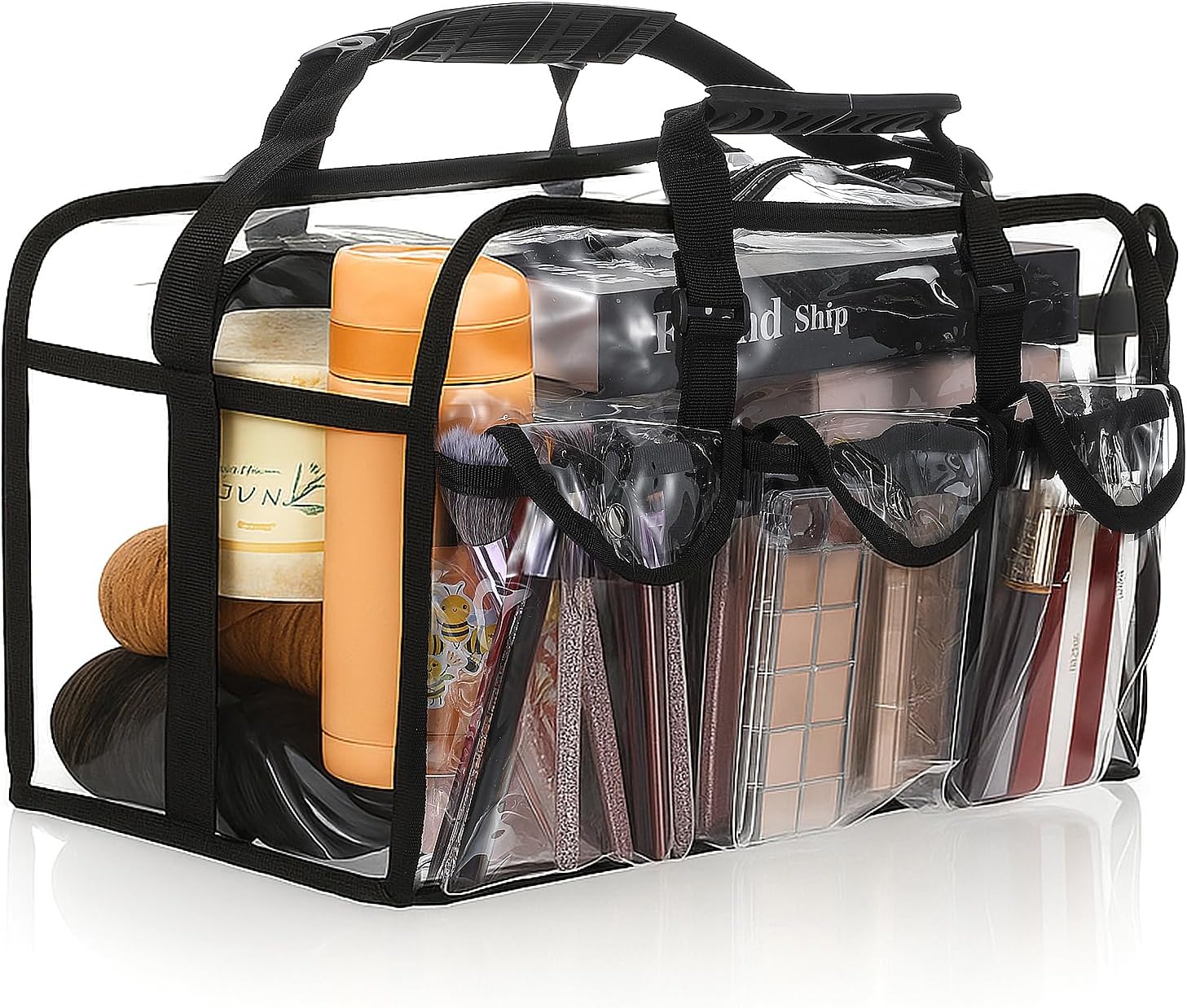 Wide Open Large Professional Clear PVC Travel Makeup Artist Set Bag Cosmetic Nails Beauty Bags Transparent Vinyl Tool Organizer Beach Bags Diaper Bag with 4 External Pockets & Strap (Black)