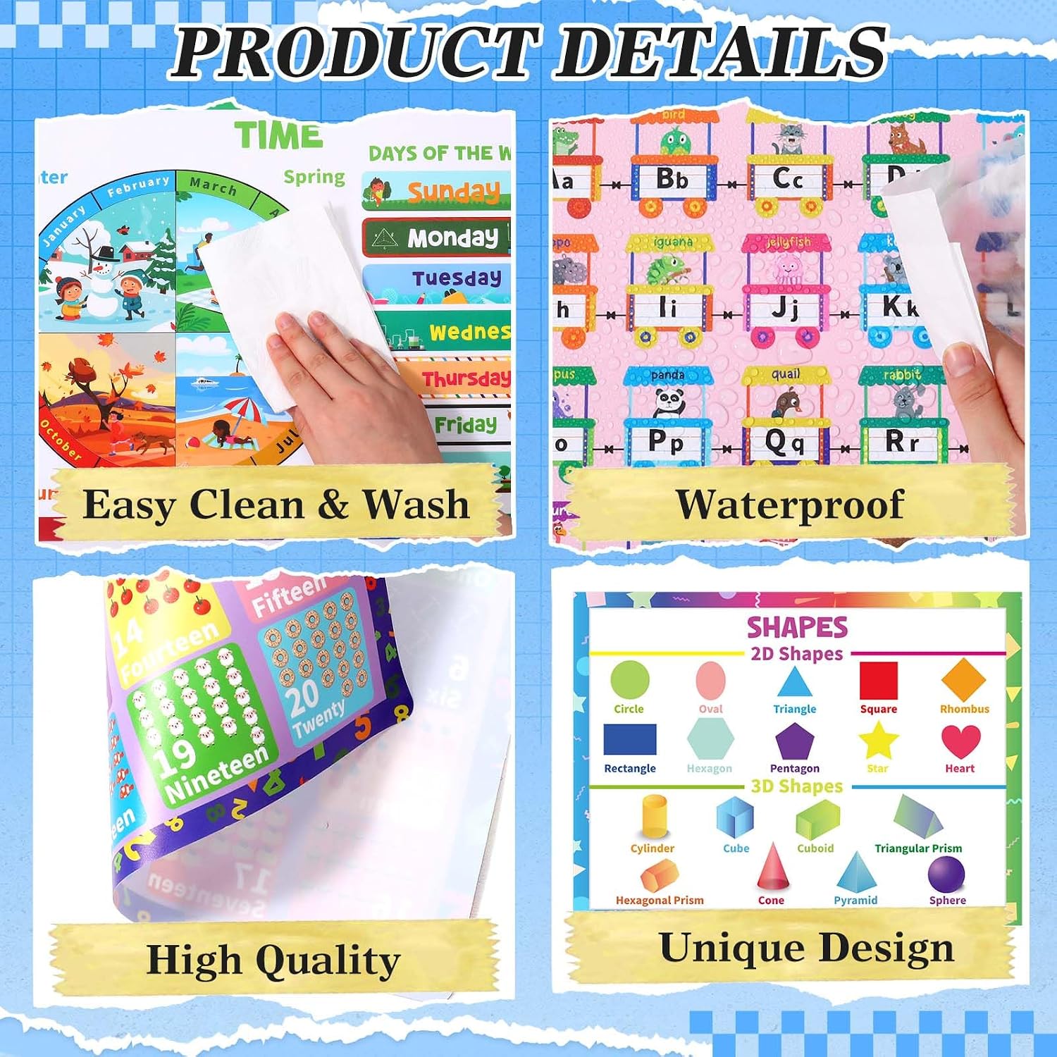 8 Pcs Educational Preschool Placemat Set for Toddler and Kids Back to School Reusable Washable Placemats for Dining Table Plastic Mats for Nursery Kindergarten Homeschool Classroom
