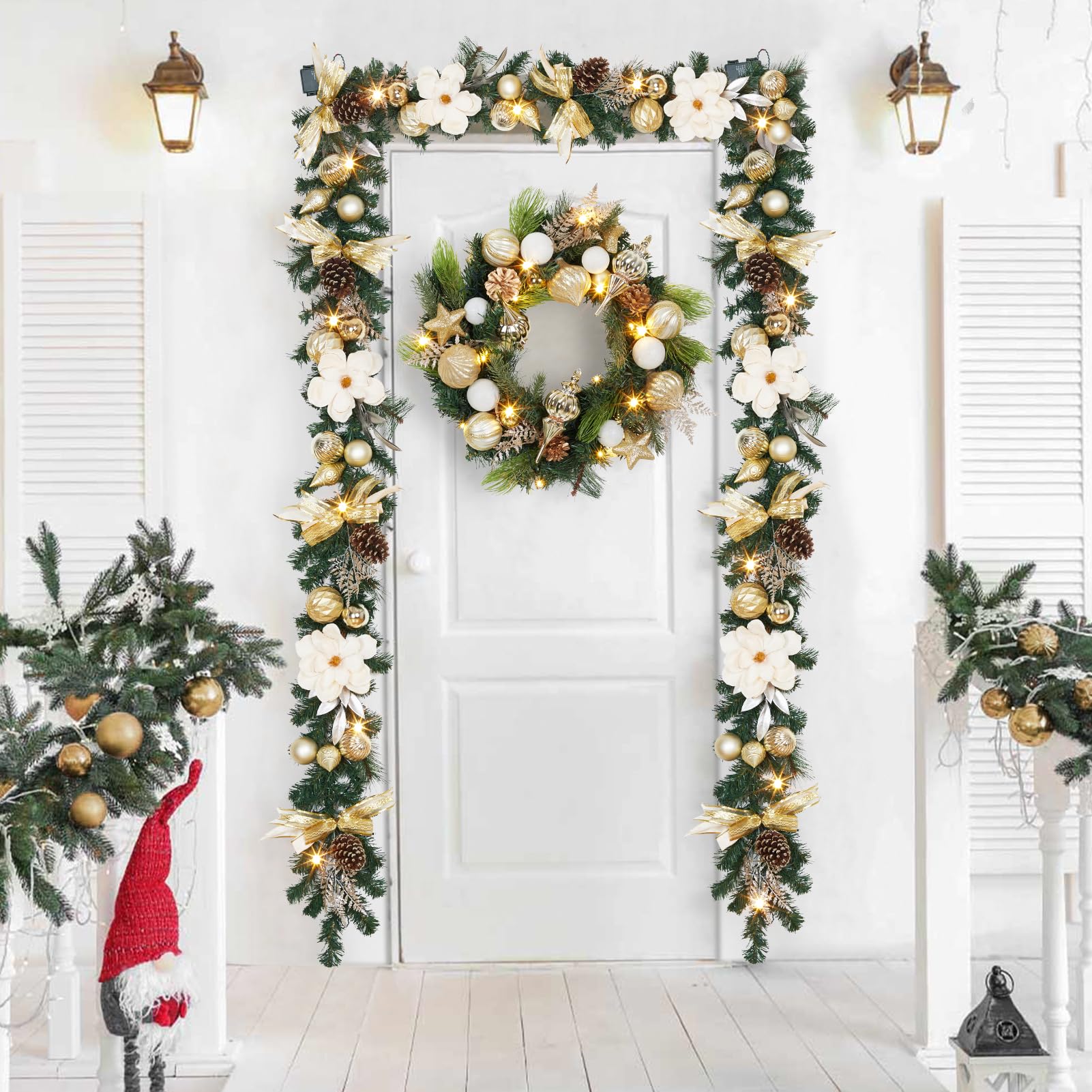 Couronne de Noël Lumineuse de 61 cm, Couronne de Noël pré-éclairée avec Pommes de pin et Accents dorés, Couronne de pin à lumière Blanche Chaude, décoration d'intérieur pour Porte d'entrée, fenêtre