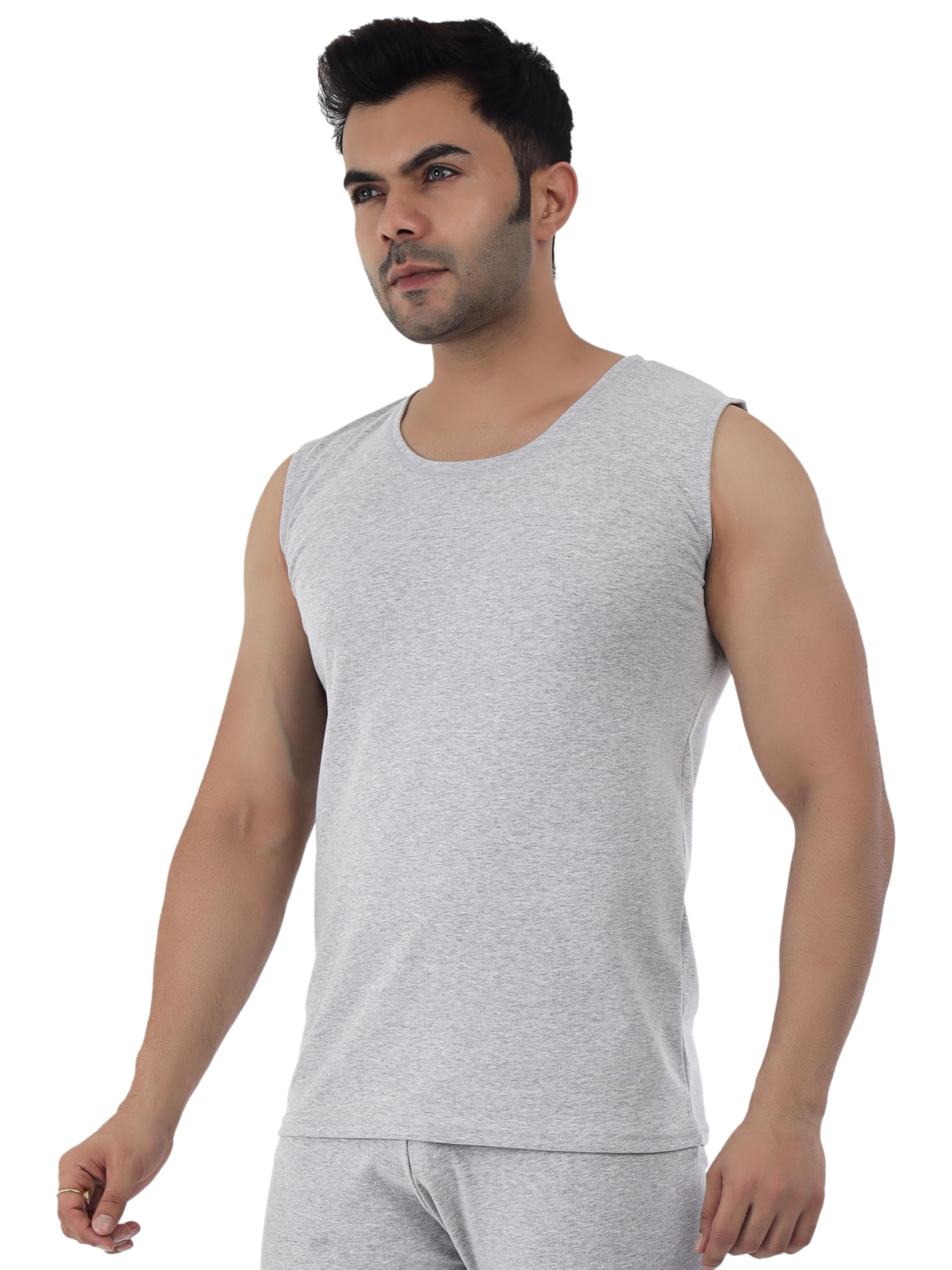 Selfcare Men’s Soft Polycotton Striped Thermal Sleeveless Round Neck Top|SW1027-XL Grey 2
