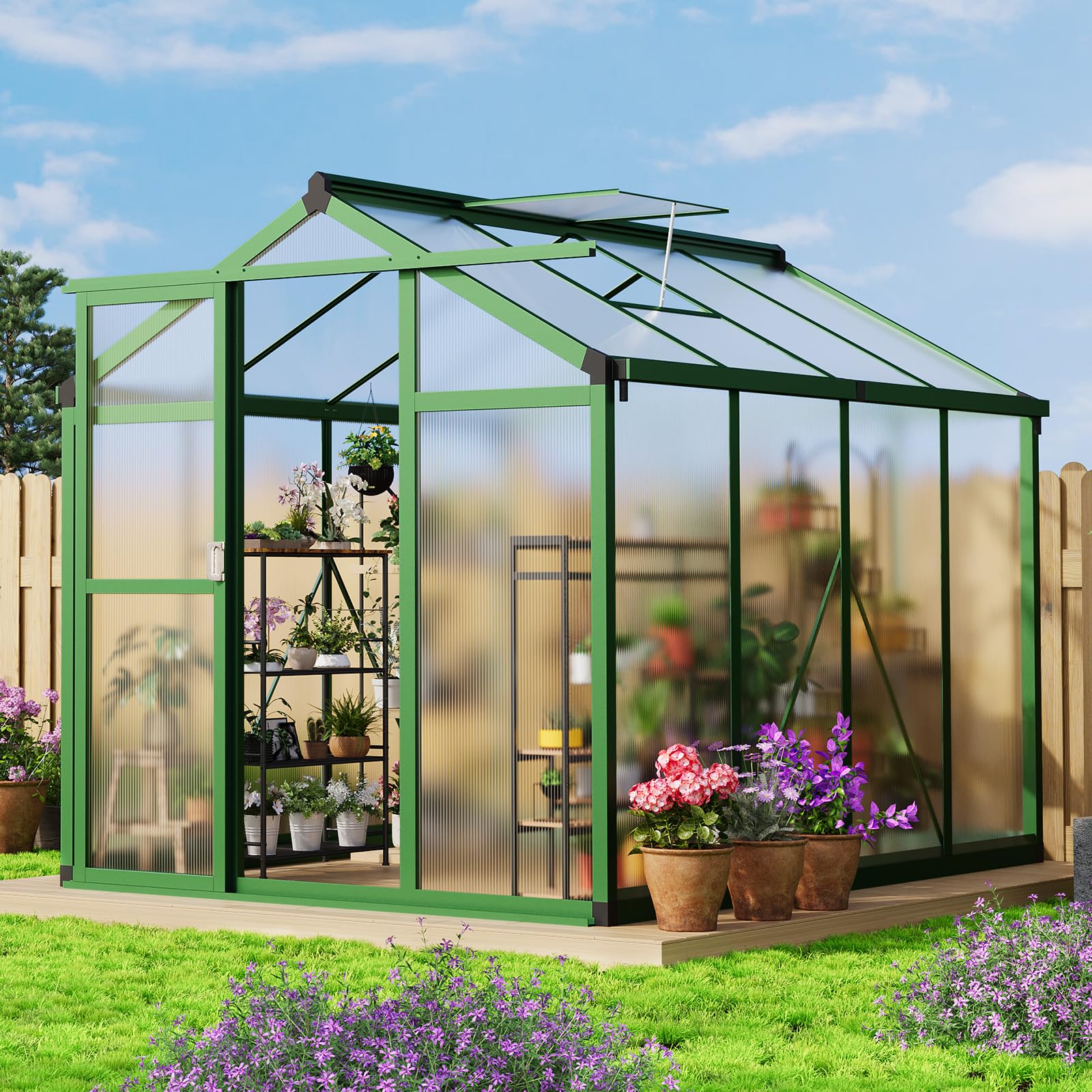 6x8 ft Greenhouse, Aluminum Frame & Polycarbonate Panel Greenhouse for Outdoors, Green House with Adjustable Roof Vent & Lockable Door, Durable Walk-in Green Houses for Backyard, Patio, Lawn