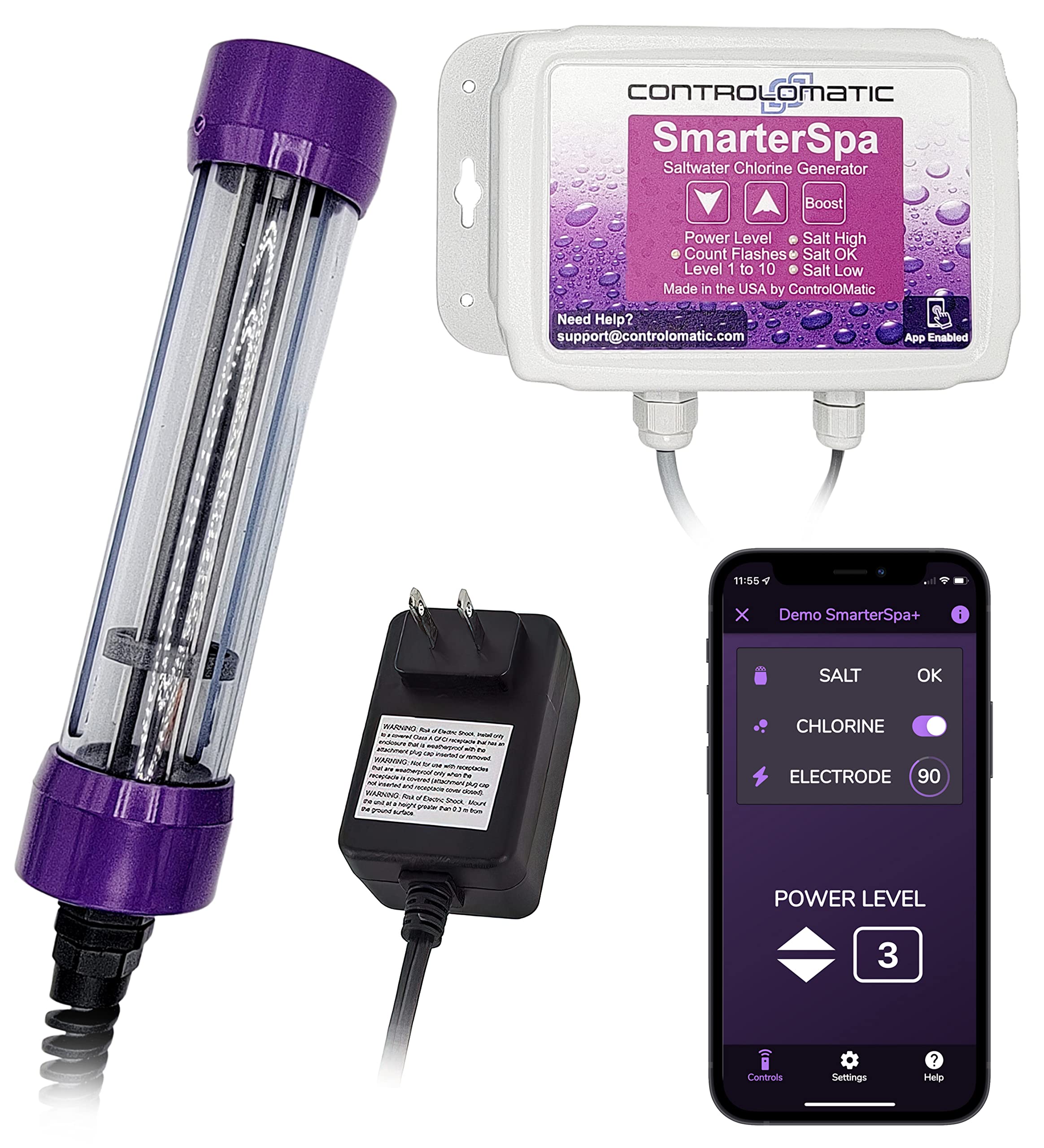 ControlOMatic SmarterSpa+ Saltwater Chlorine Generator for Spas, Hot Tubs, and Pools with Built-in Chlorine Detection and Mobile App Compatibility