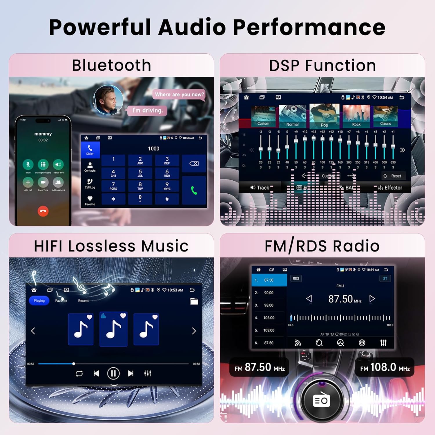 Hodozzy car stereo's powerful audio performance features: Bluetooth, DSP, HIFI, and FM/RDS Radio.