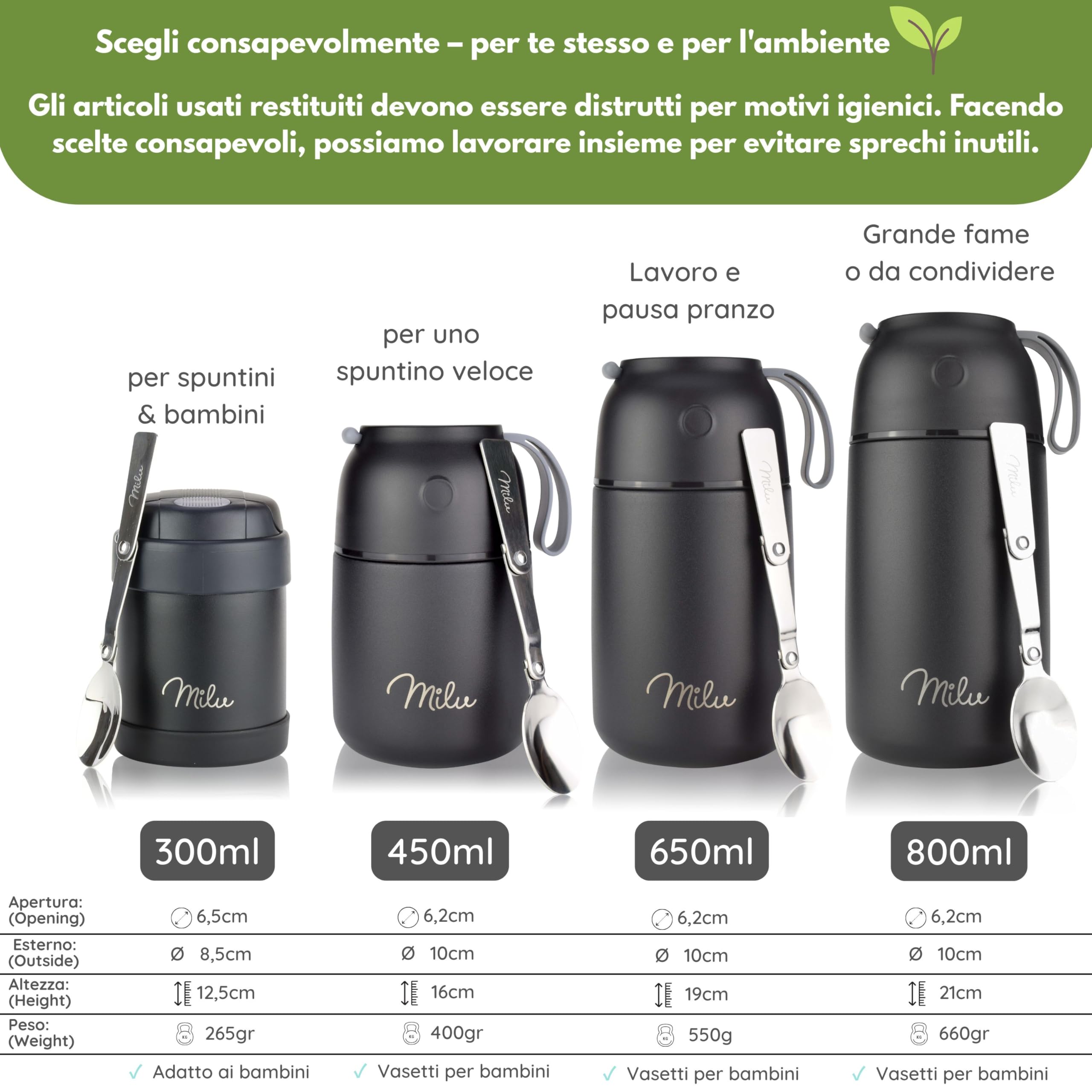 Milu Thermo per Alimenti 450 ml Contenitore Termico Acciaio Inossidabile Isotermico Sottovuoto Cibi Caldi Freddi Verde Blu