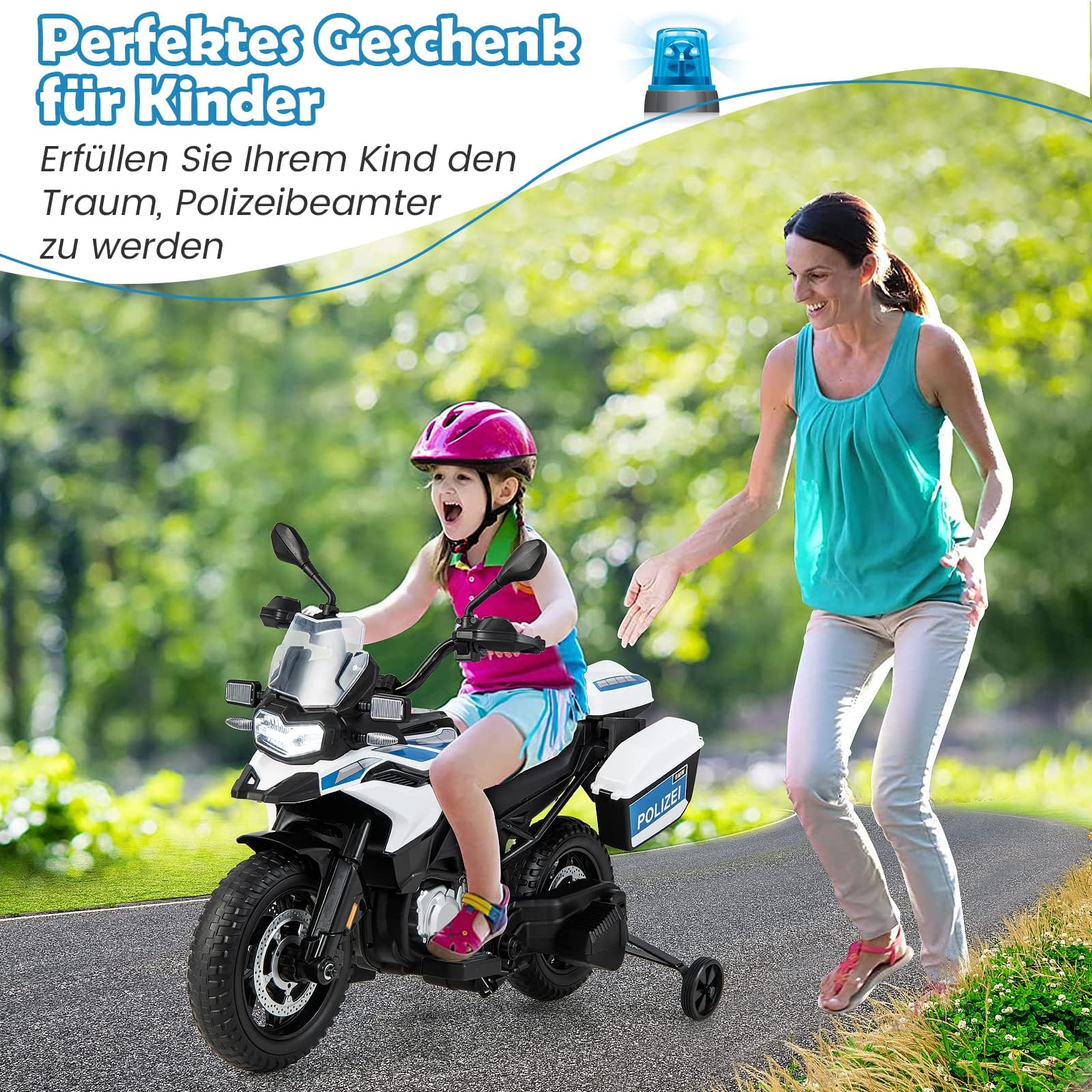 FANTASK 12V BMW Kinder Elektromotorrad Polizei mit Musik und Polizeilicht, Kindermotorrad mit 2 Stützrädern, 3-6 km/h, geeignet für Kinder ab 3 Jahre alt,110L x 63B x 82,5H cm