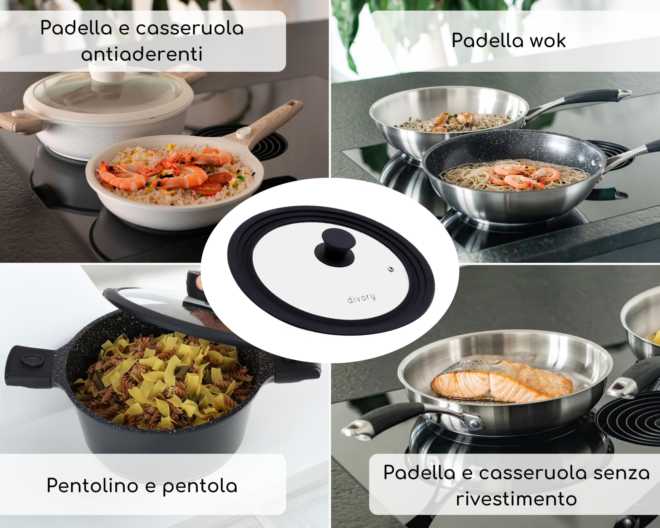 DIVORY Coperchi universali Ø28, 30 e 32 coperchi in Vetro con Bordo in Silicone a gradini per pentole e padelle, valvola di Rilascio del Vapore