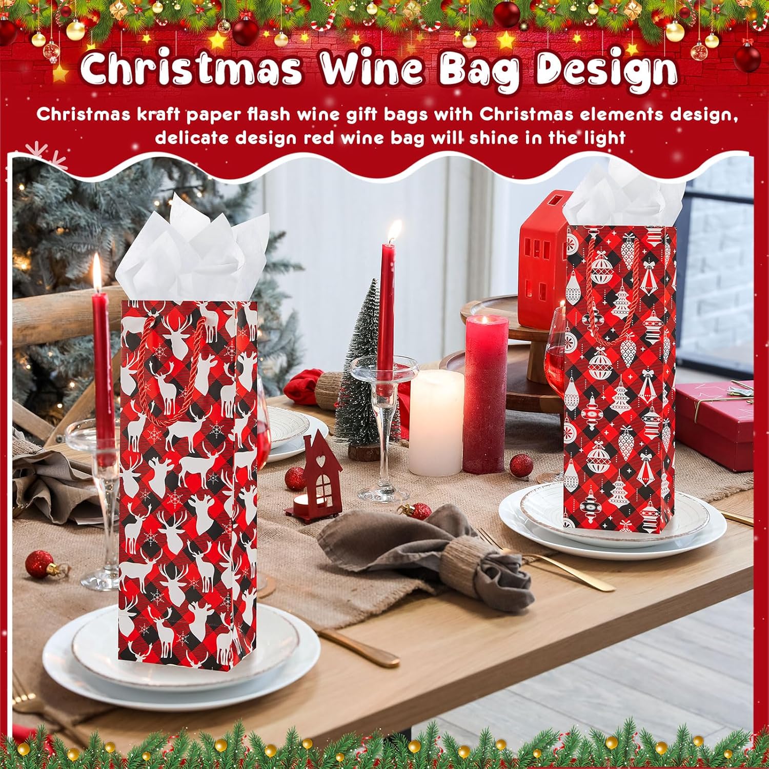 Harloon 32 Pack Christmas Wine Bottle Gift Bags Bulk Holiday Champagne Drinks Wine Bottle Bags with Handles Tissue Paper Metallic Foil with 4 Designs for Winter Party Banquet Birthday(Red, Black)