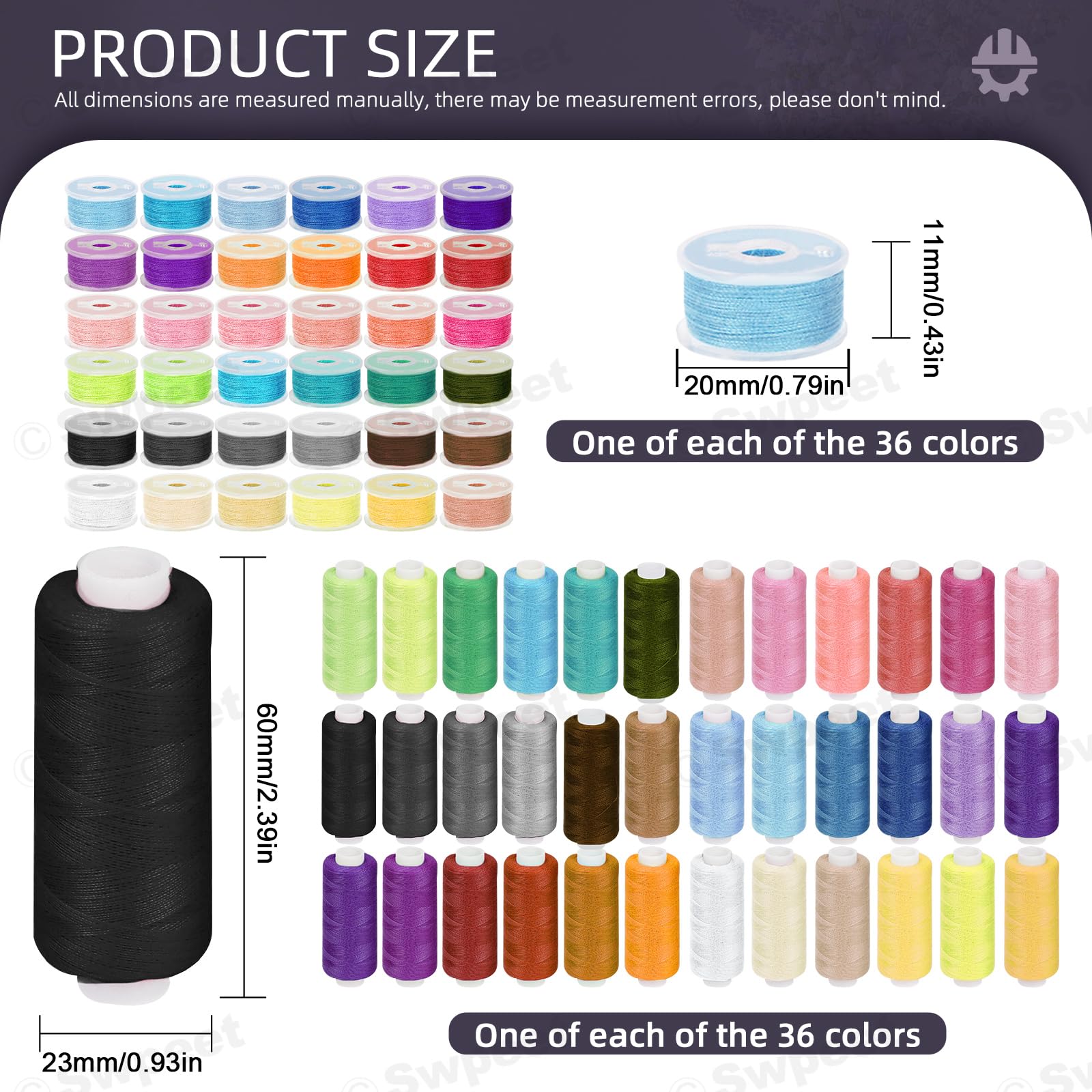 Swpeet 72Pcs 36 Colors Bobbins Sewing Threads Kit - Image 2