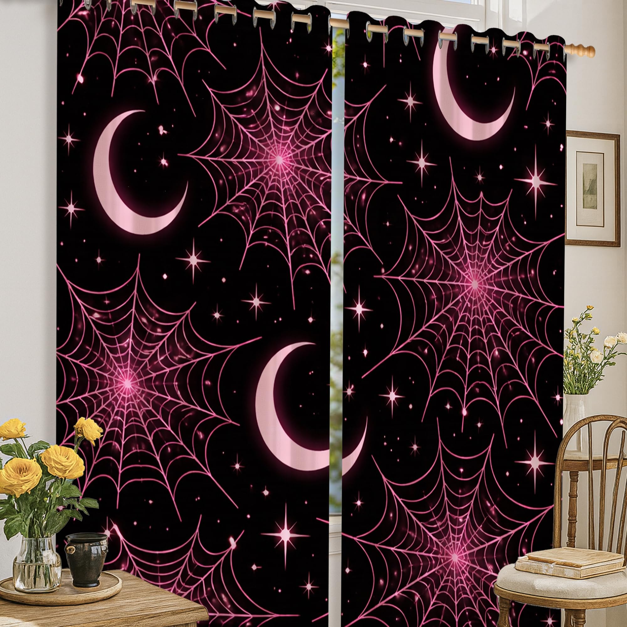 Rideaux occultants gothiques noirs 132x160cm à motifs lune et étoiles pour une chambre mystique