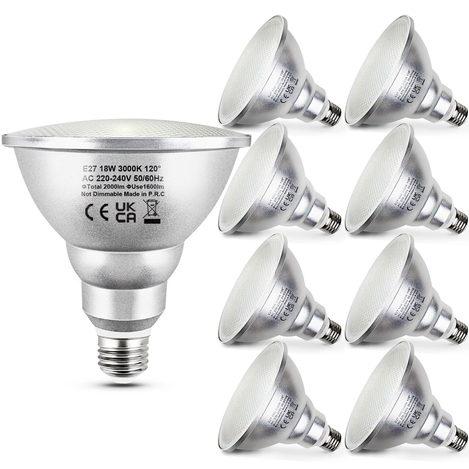 Unikcst Lote de 8 bombillas LED E27 18W Blanco Cálido 3000K PAR38 reflector spot 230V Luz de Inundación Bombilla de Ahorro de Energía, Reemplaza una bombilla halógena de 180W, No regulable