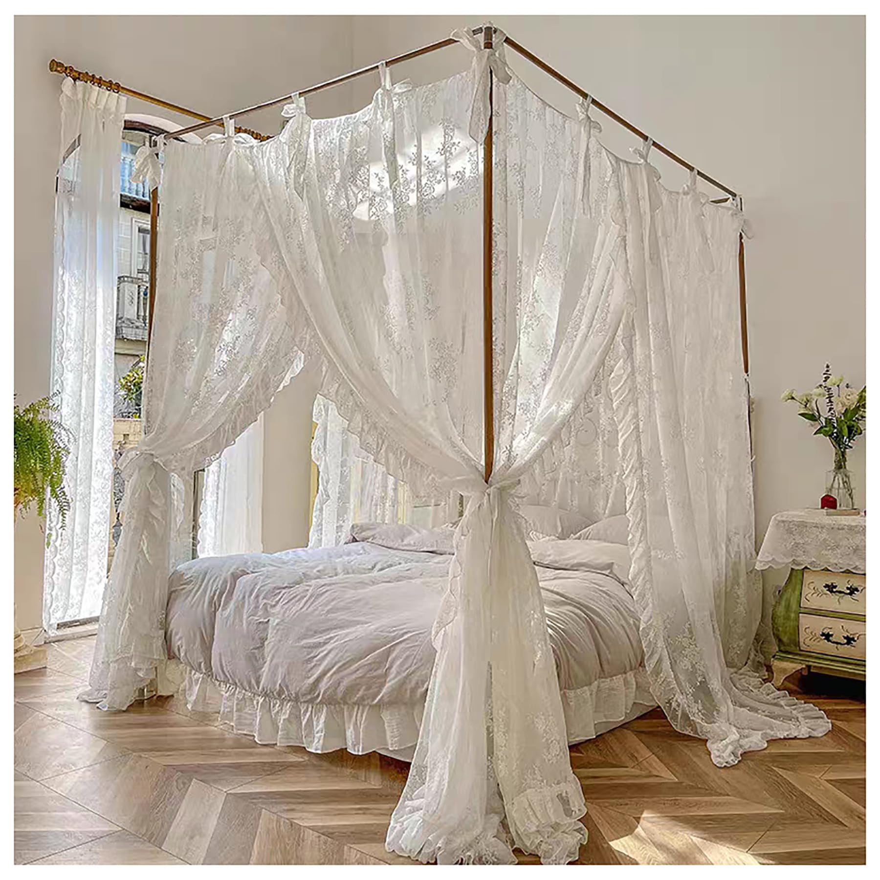 Cama con dosel blanca para evitar mosquitos en dormitorios dobles