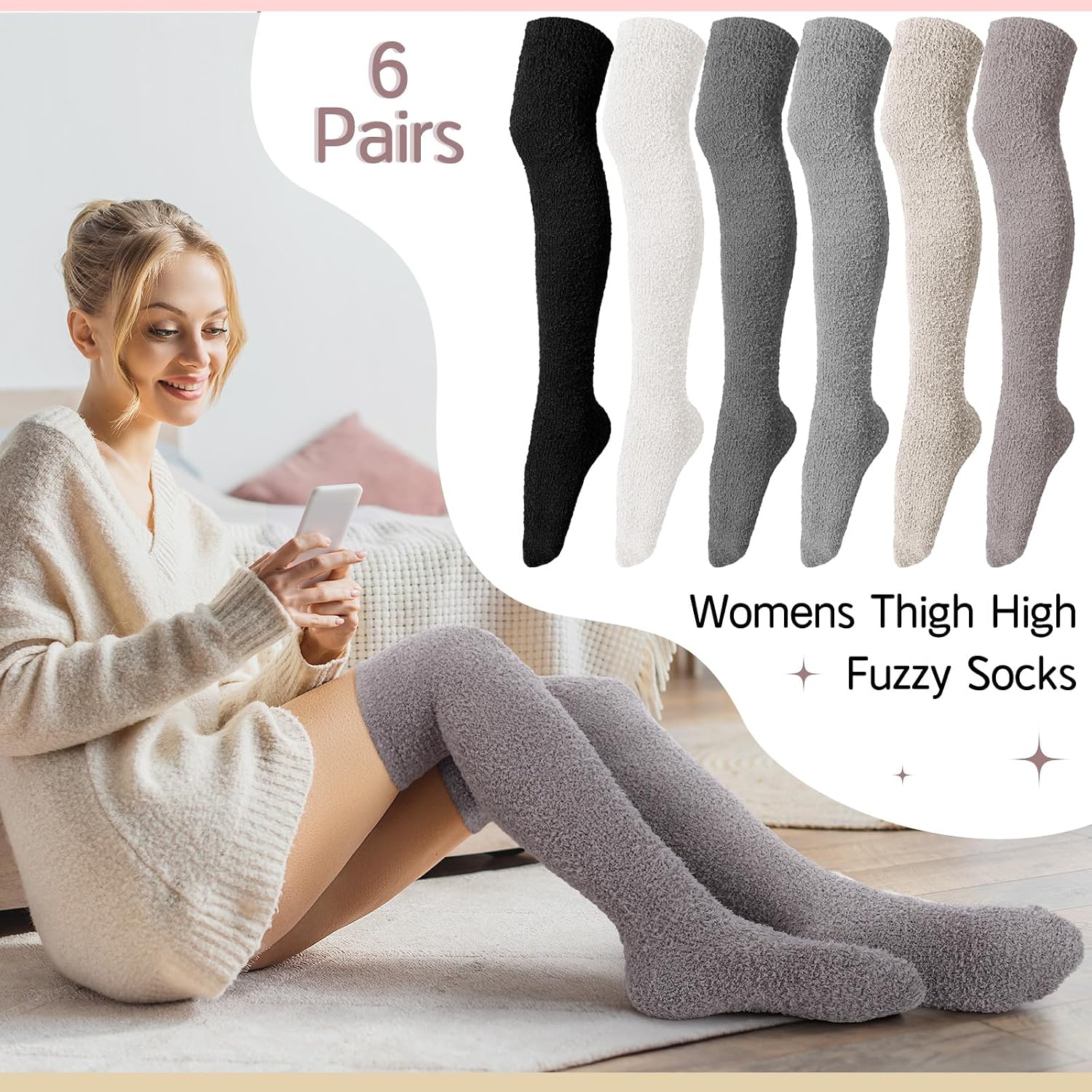 Liitrsh 6 Pairs Women Knee High Fuzzy Socks Soft Long Thigh High Warm stockings Cozy Slipper Plush Socks