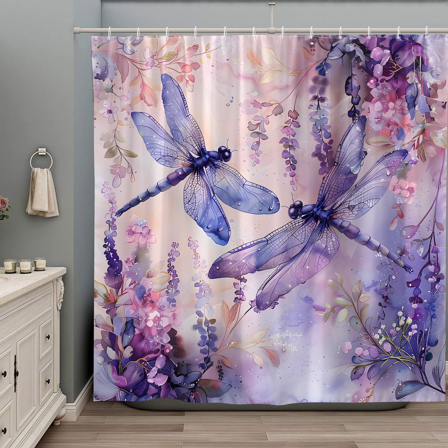 ZZYSKS Dragonfly Shower Curtain Rustic Farmhouse Watercolor Floral Spring Purple Flowers Funny Polyester Bathroom Decor Curtains Set with Hooks