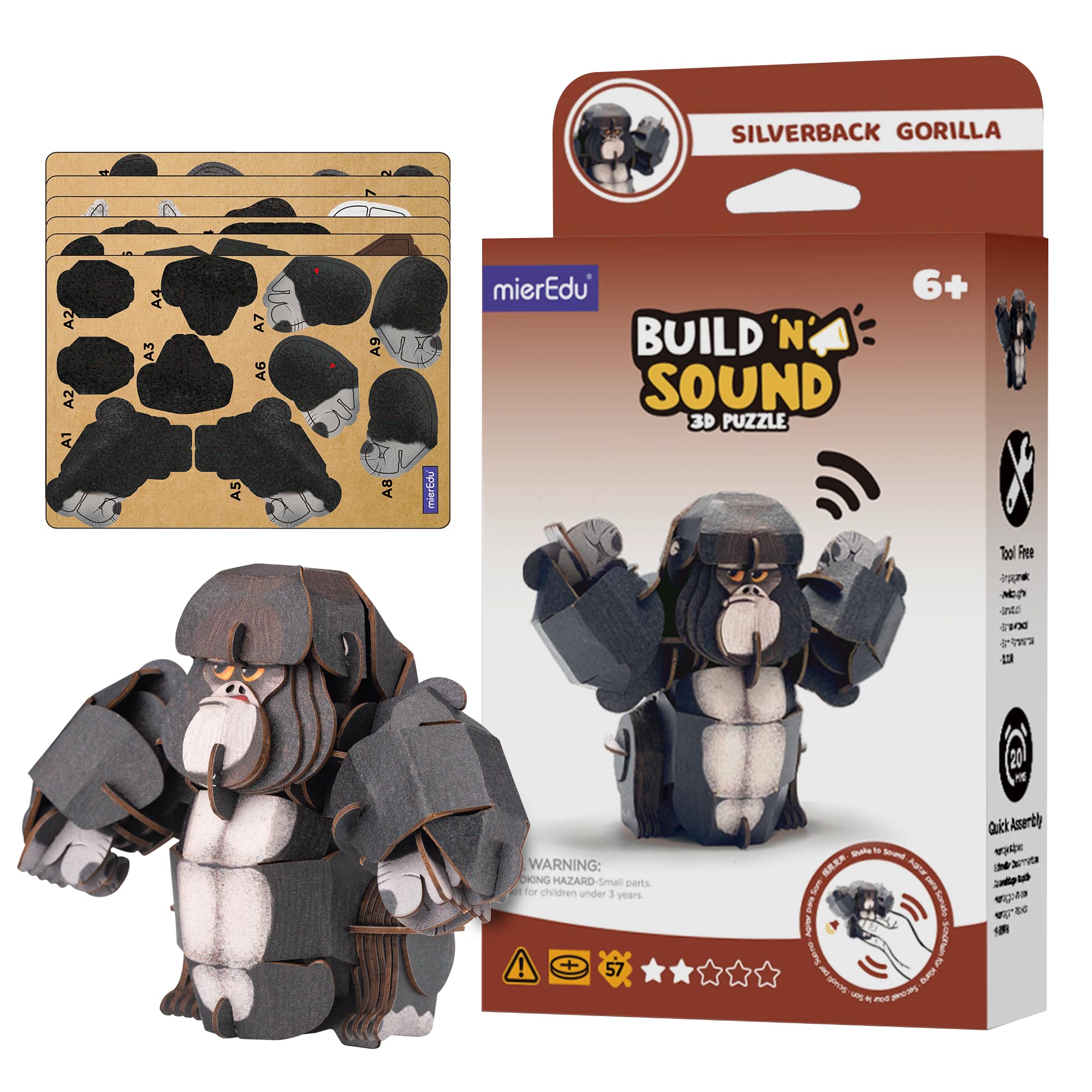 MierEdu Build and Sound 3D Puzzle Silverback Gorilla Toy- Interactive 3D Animal Puzzle for Kids from 6 Plus โ image 1