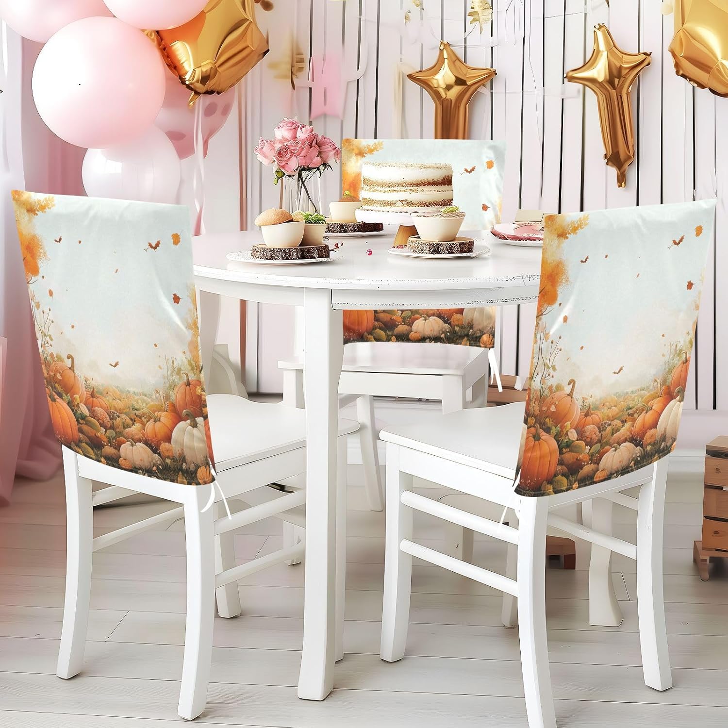 ALAZA Pumpkin and Autumn Leaves Chair Back Cover Set of 6, Washable Reusable Removable Chair Slipcovers Decorative Chair Cover for Home Kitchen Wedding Party