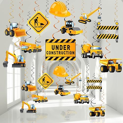 Blulu 30 piezas de suministros de construcción para fiesta de cumpleaños, decoración de construcción, zona de fiesta, remolino colgante, zona de