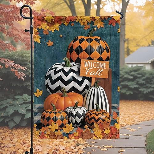 Miniatura 5 de V VIBEPY Banderas de jardín impresas de doble cara de otoño, bandera de jardín de 12 x 18 pulgadas, calabaza de otoño, regalos de bienvenida de otoño
