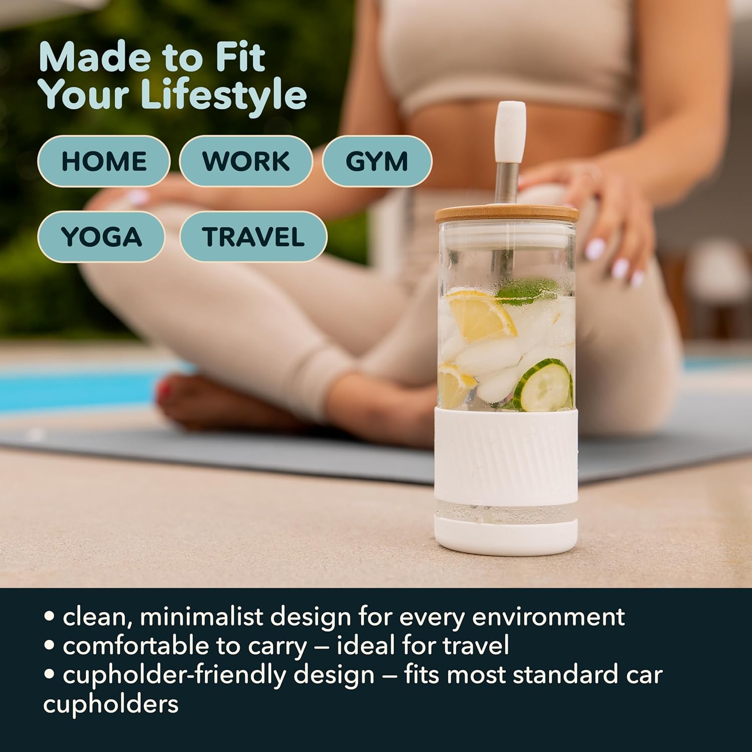 Pandaloo® Glass Cups With Lids and Straws -20 Fl Oz- Perfect Size Iced Coffee Cup - Smoothie Cup With Bamboo Lid and On the go Lid (Creamy Mushroom, 1 Count (Pack of 1) - Image 6