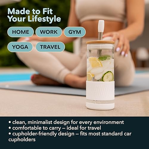 Miniatura 6 de Pandaloo Tazas de Vidrio con Tapas y Popotes - 20 Fl Oz - Tamaño Perfecto para Taza de Café Helado - Taza de Batido con Tapa de Bambú y Tapa para