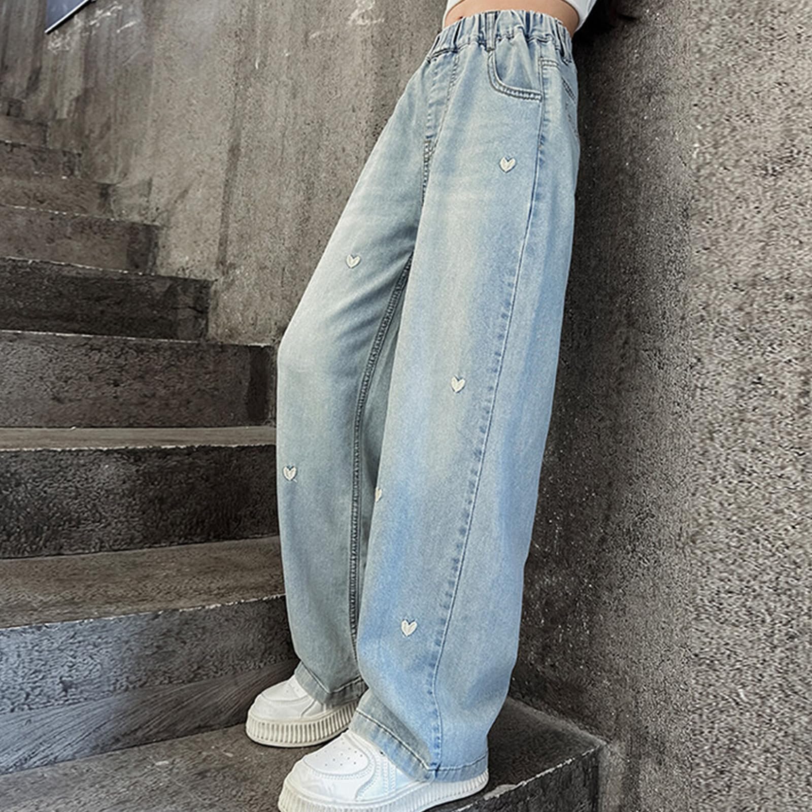 Pantalones vaqueros de pierna ancha para niñas con cintura elástica, pantalones de moda para primavera y otoño de 5 a 12 años, cómodos pantalones de mezclilla casuales