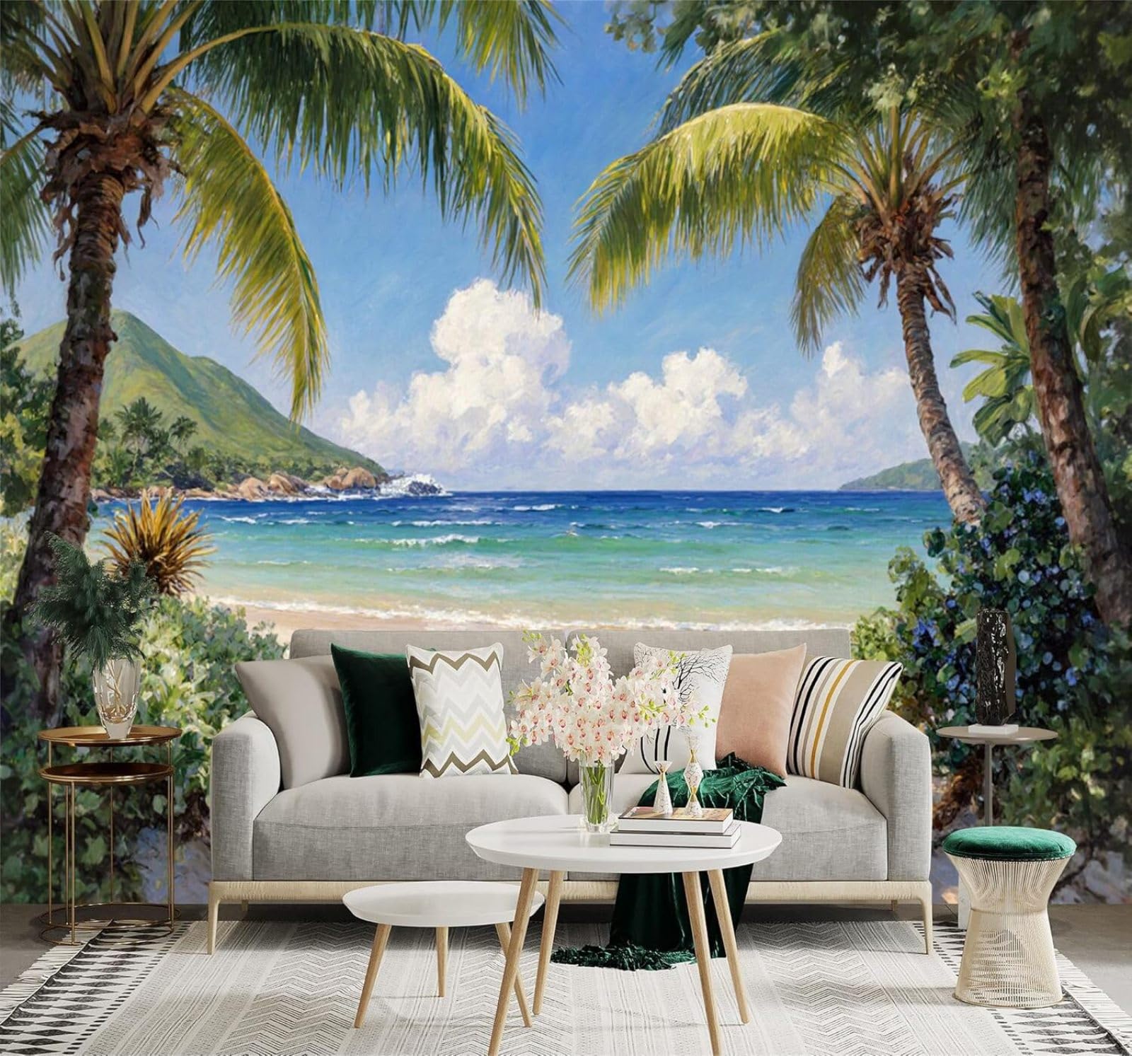 XLMING Tropical Palm Trees Beach Blue Ocean Mountain Scenery 3D Wallpaper Premium Textured Silk Study Dining Living Room Bedroom Sofa TV Wall Easy Install-300cm×210cm